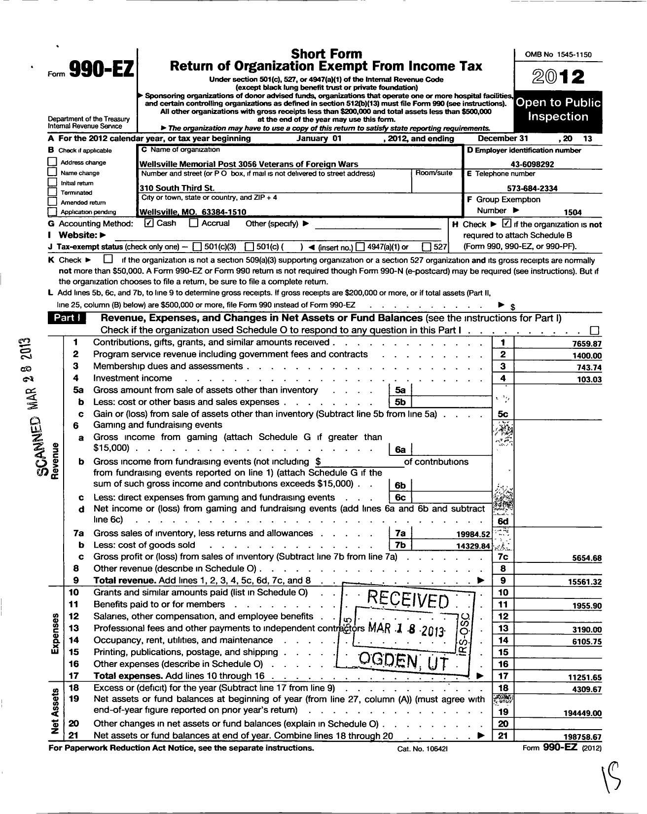 Image of first page of 2013 Form 990EO for VFW Missouri - 3056 VFW Post