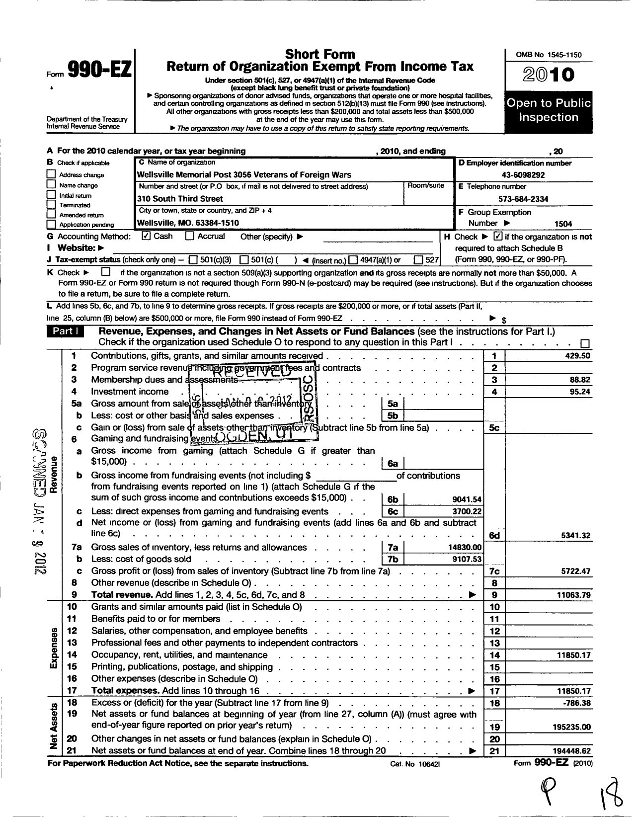 Image of first page of 2010 Form 990EO for VFW Missouri - 3056 VFW Post