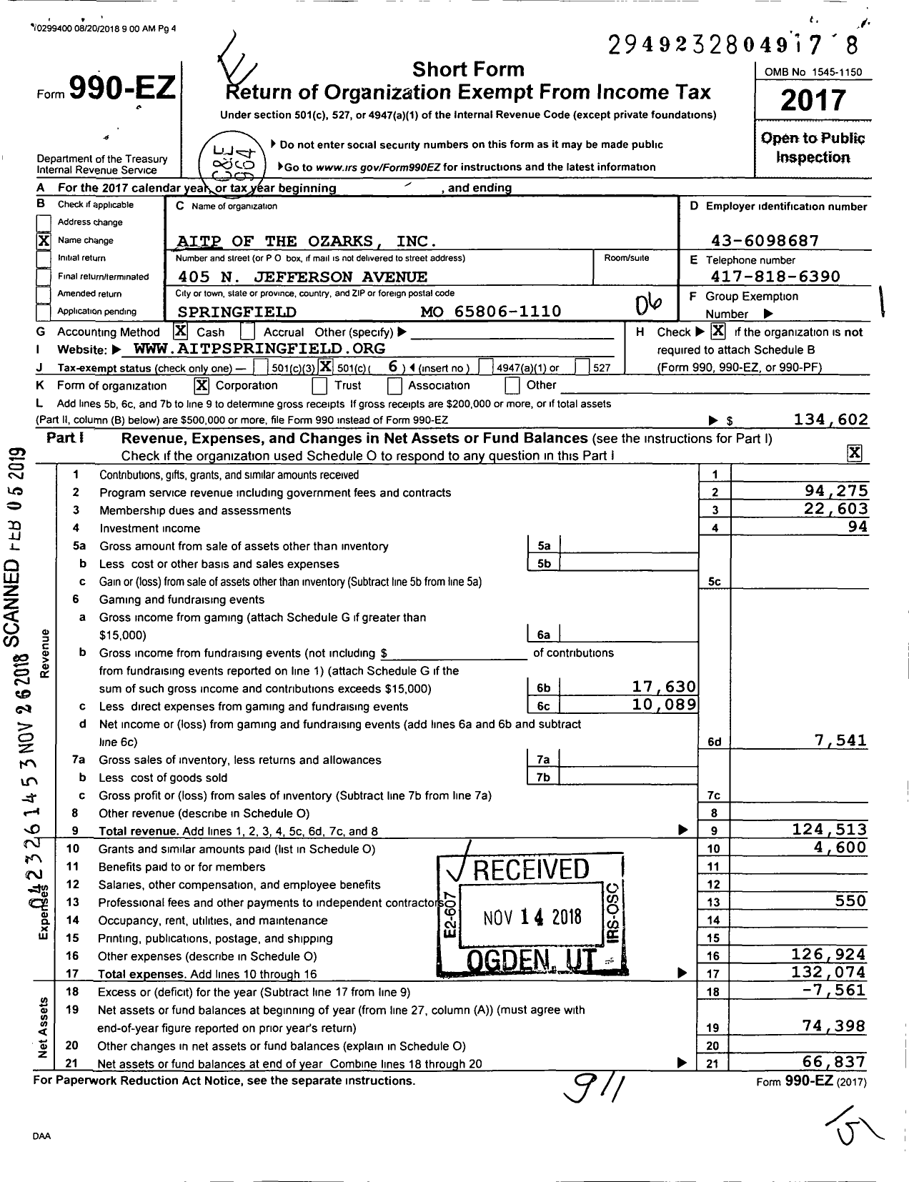 Image of first page of 2017 Form 990EO for Aitp of the Ozarks