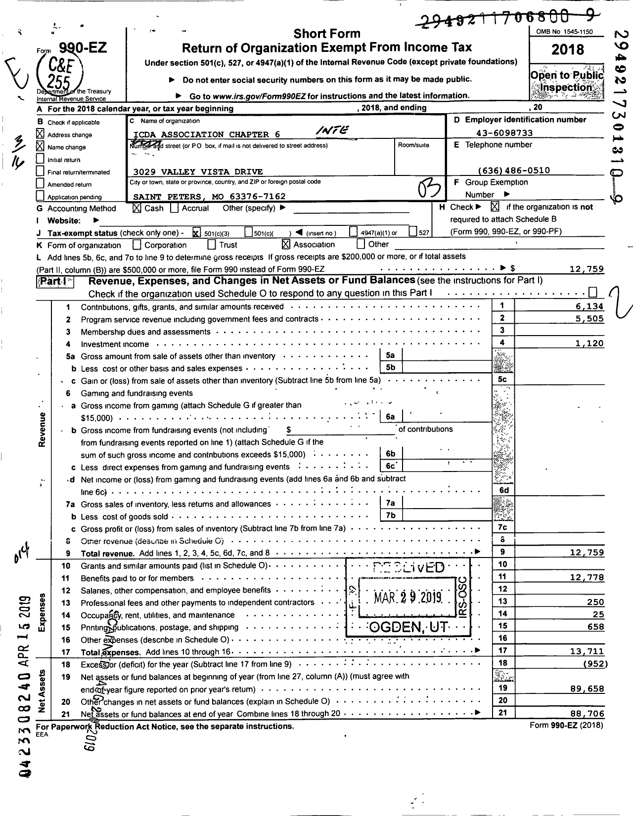 Image of first page of 2018 Form 990EZ for International Catholic Deaf Association - 6 Chapter