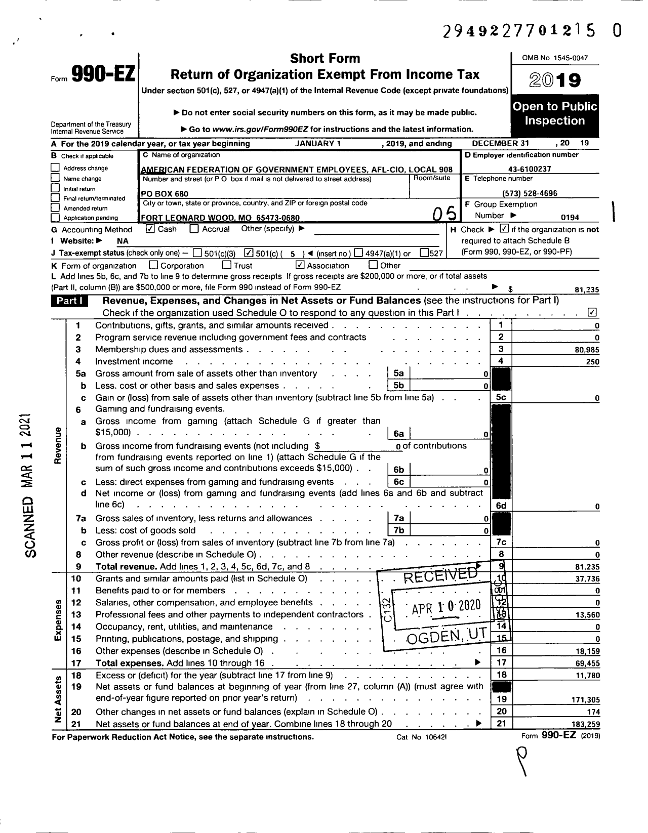 Image of first page of 2019 Form 990EO for American Federation of Government Employees - 908 Local Afge