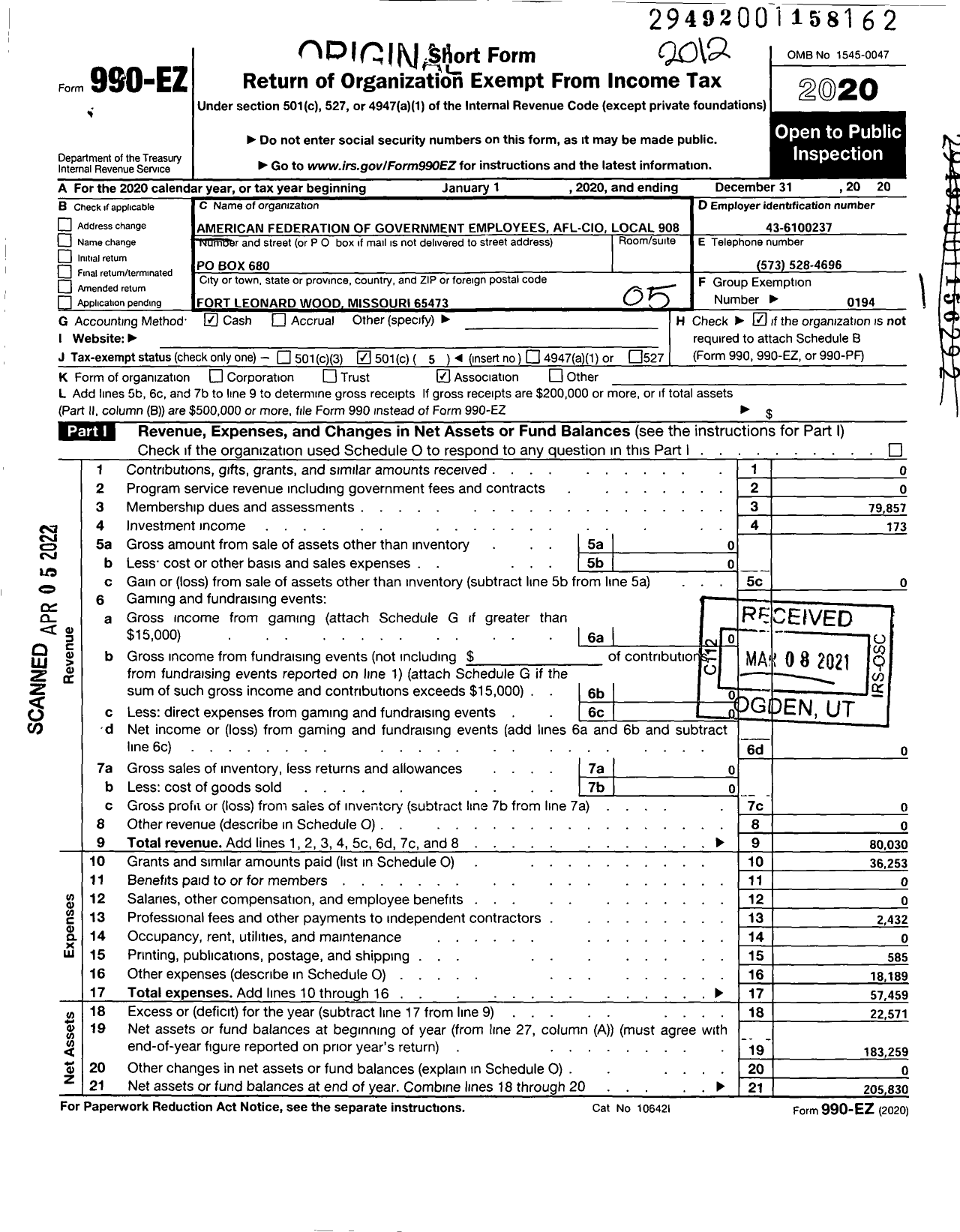 Image of first page of 2020 Form 990EO for American Federation of Government Employees - 908 Local Afge