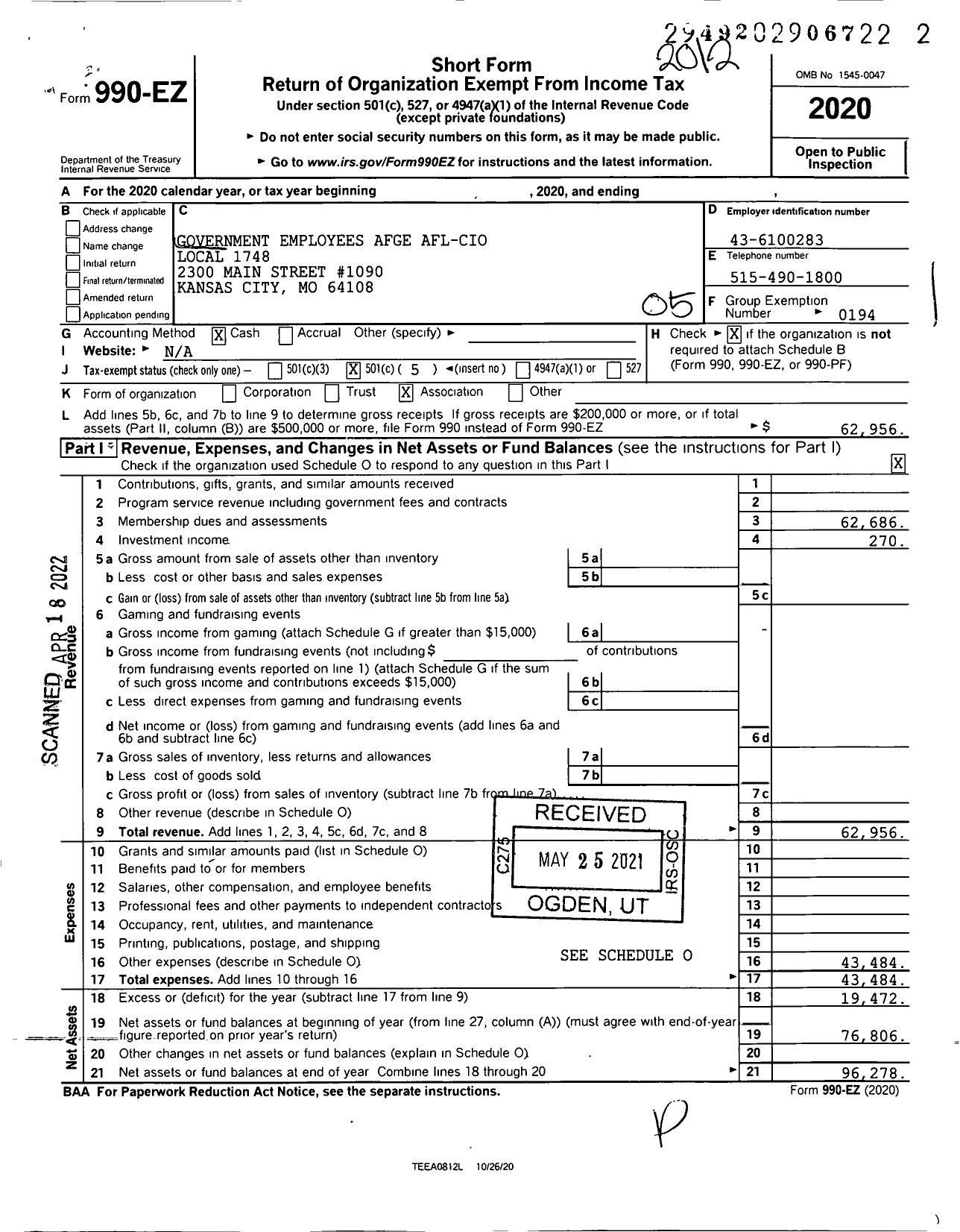 Image of first page of 2020 Form 990EO for American Federation of Government Employees - 1748 AFL-CIO