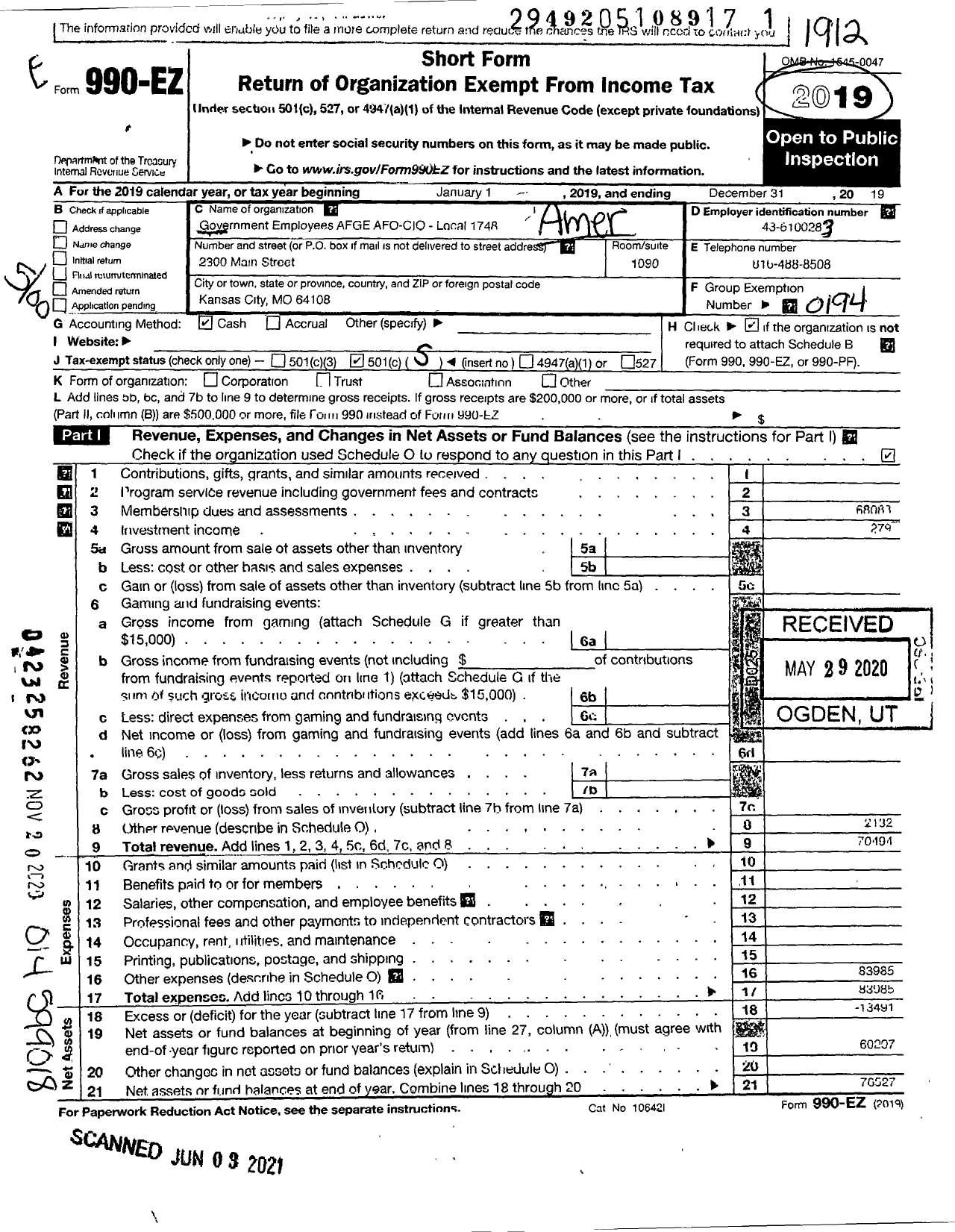 Image of first page of 2019 Form 990EO for American Federation of Government Employees - 1748 AFL-CIO