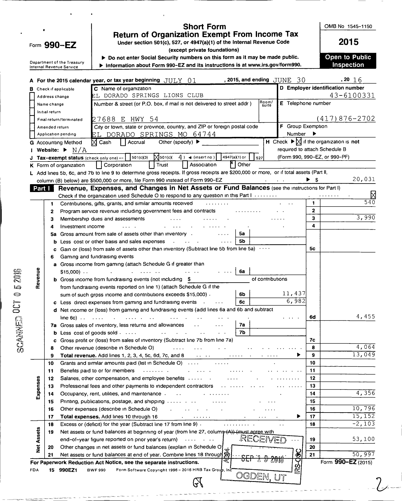 Image of first page of 2015 Form 990EO for Lions Clubs - 10112 El Dorado Springs