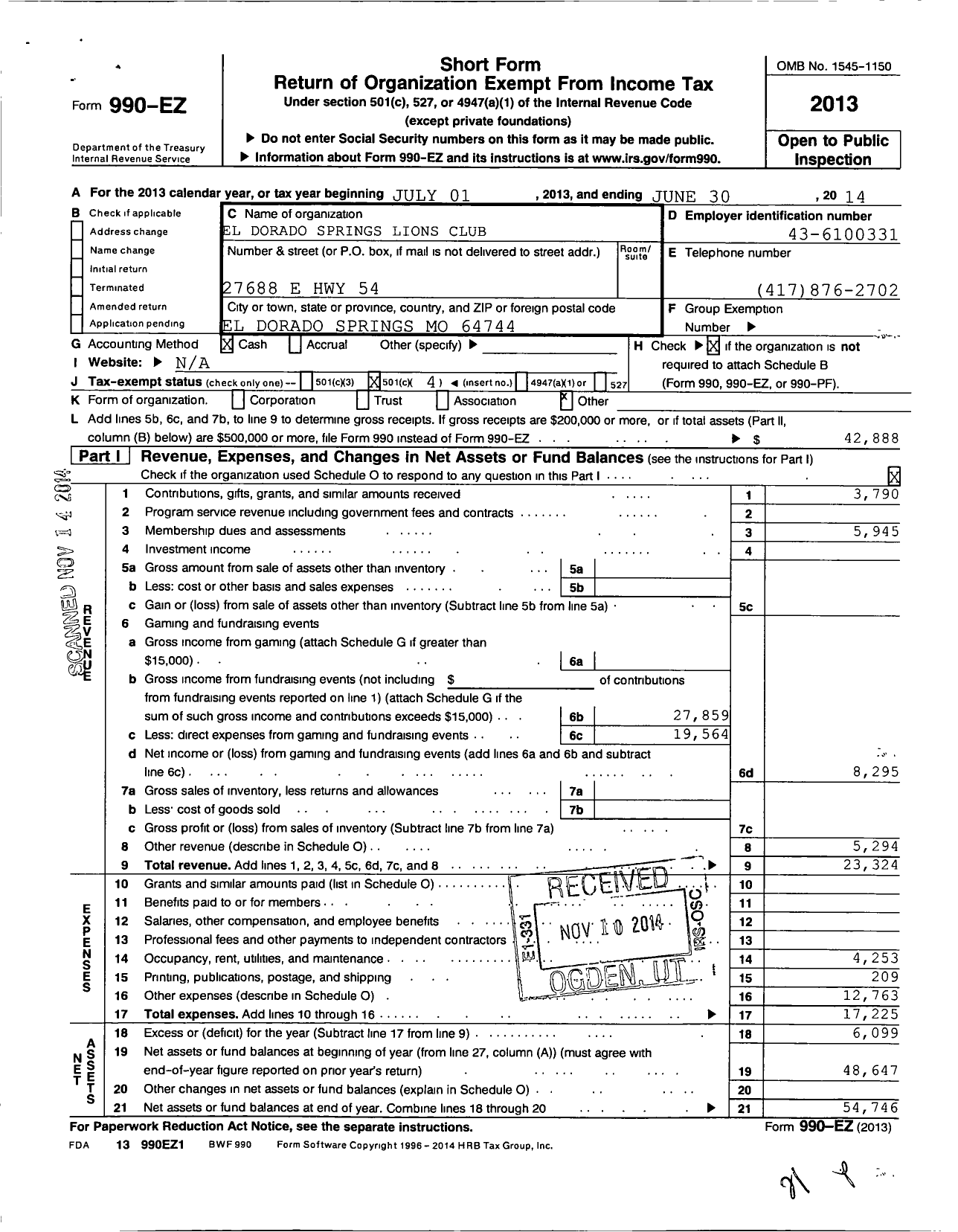 Image of first page of 2013 Form 990EO for Lions Clubs - 10112 El Dorado Springs