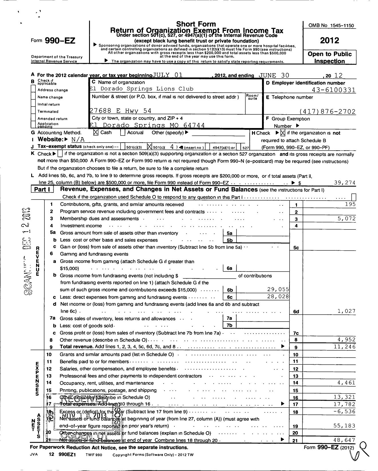 Image of first page of 2011 Form 990EO for Lions Clubs - 10112 El Dorado Springs