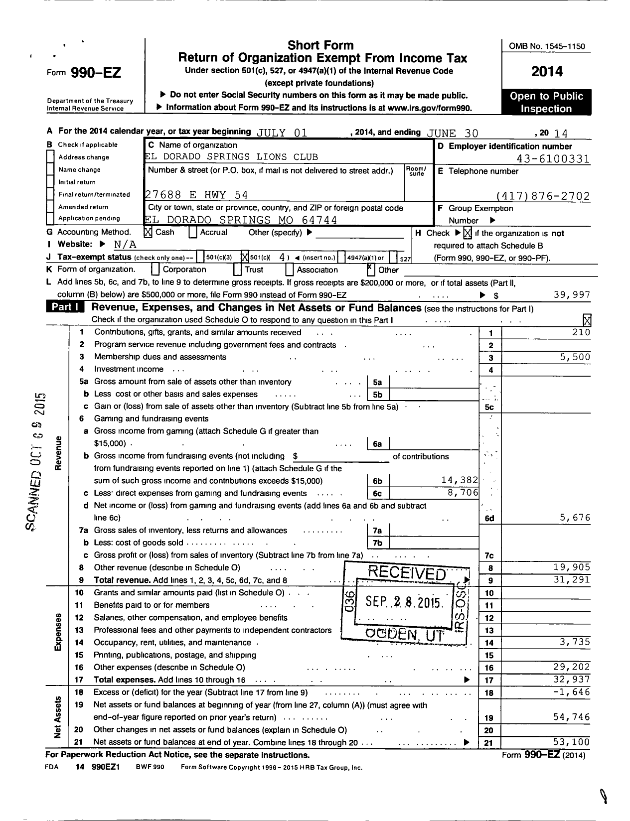 Image of first page of 2013 Form 990EO for Lions Clubs - 10112 El Dorado Springs