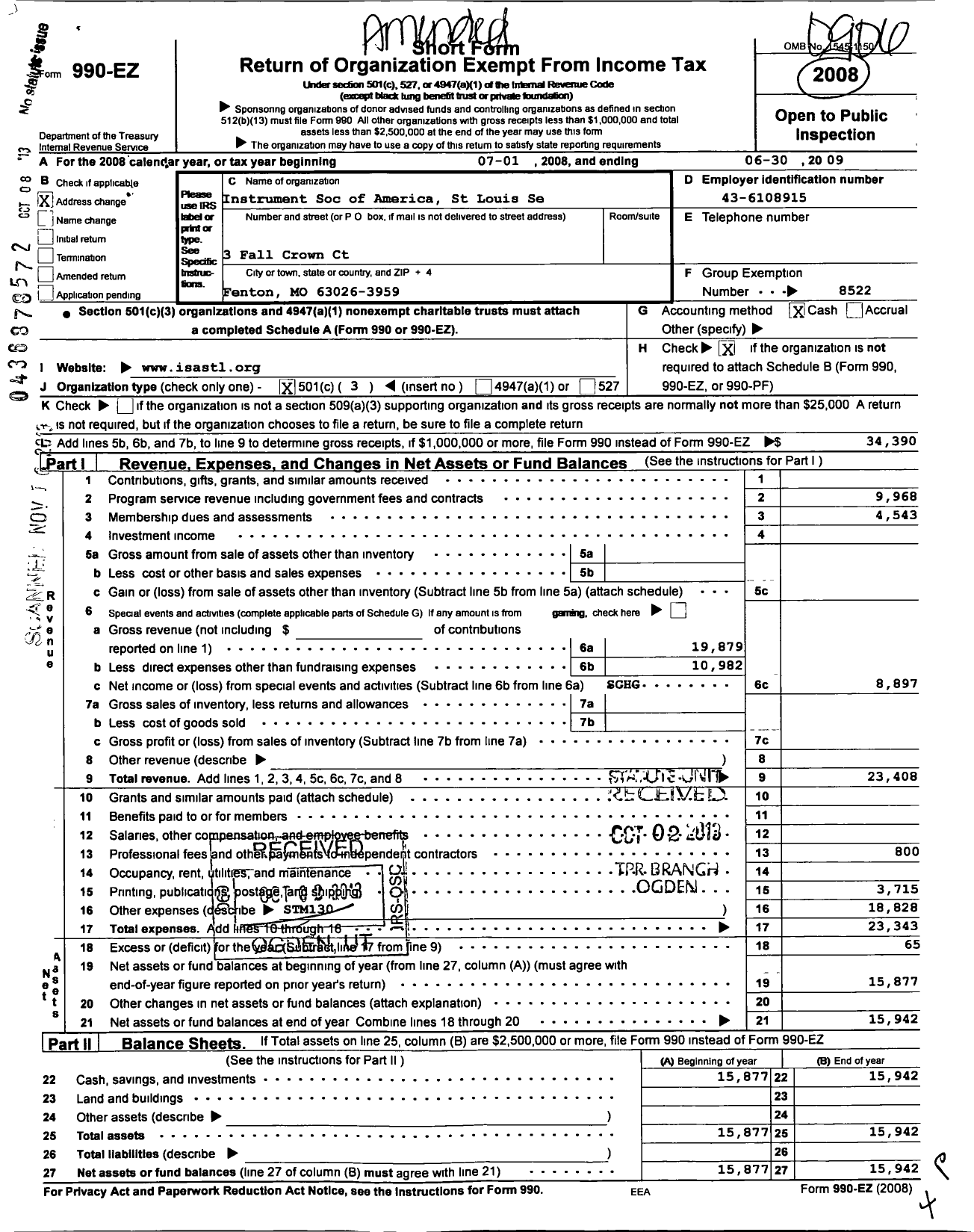 Image of first page of 2008 Form 990EZ for Instrument Soc of America St Louis Sect