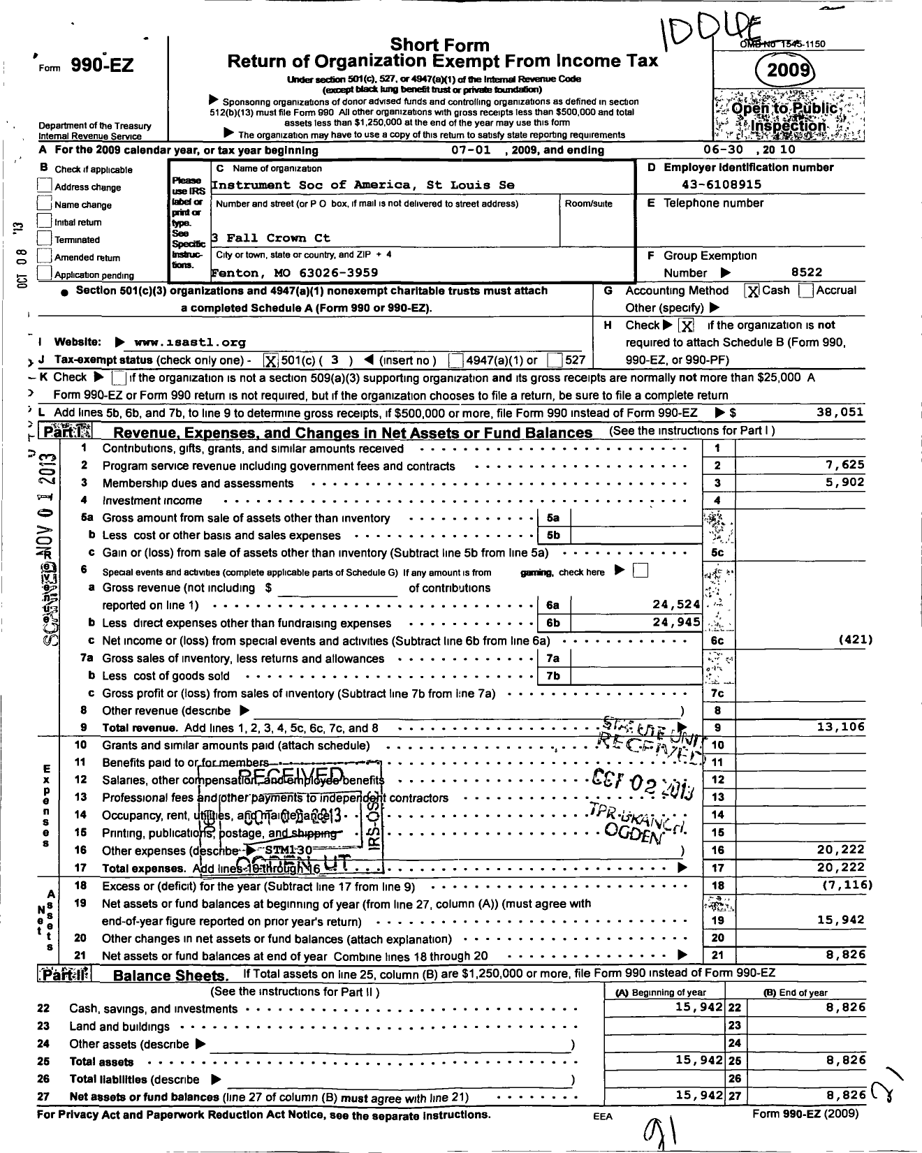 Image of first page of 2009 Form 990EZ for Instrument Soc of America St Louis Sect