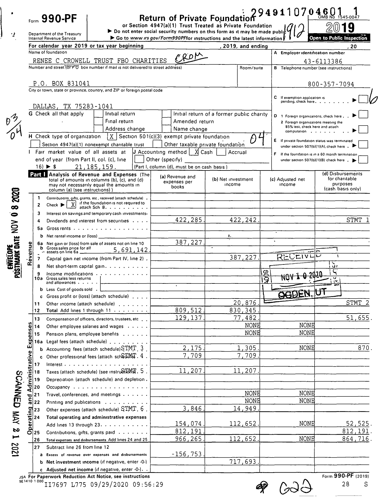 Image of first page of 2019 Form 990PF for Renee C Cromwell Trust Fbo Charities