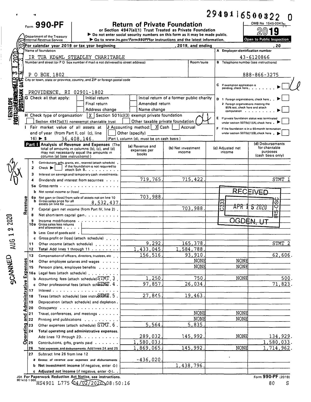 Image of first page of 2019 Form 990PR for Ir Tua KD&ML Steadley Charitable