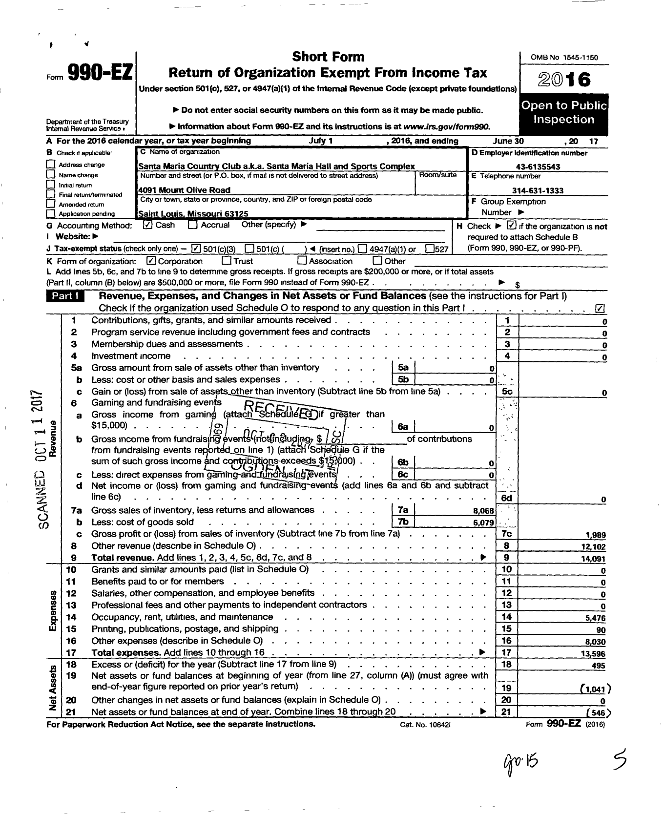 Image of first page of 2016 Form 990EZ for Santa Maria Country Club / Santa Maria Hall and Sports Complex