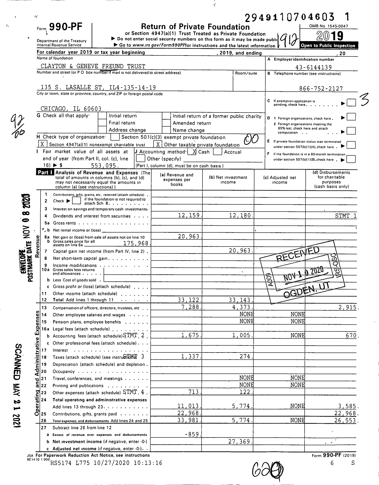 Image of first page of 2019 Form 990PF for Clayton and Geneve Freund Trust