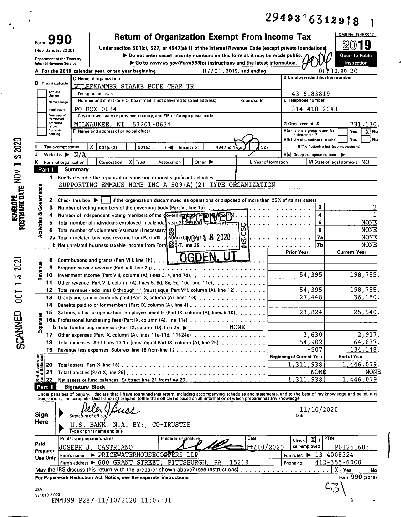 Image of first page of 2019 Form 990 for Wulfekammer Staake Bode Charitable Trust