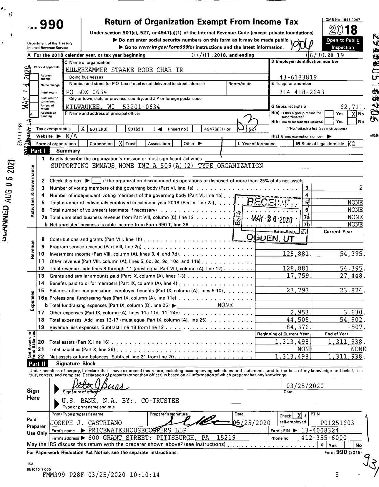 Image of first page of 2018 Form 990 for Wulfekammer Staake Bode Charitable Trust