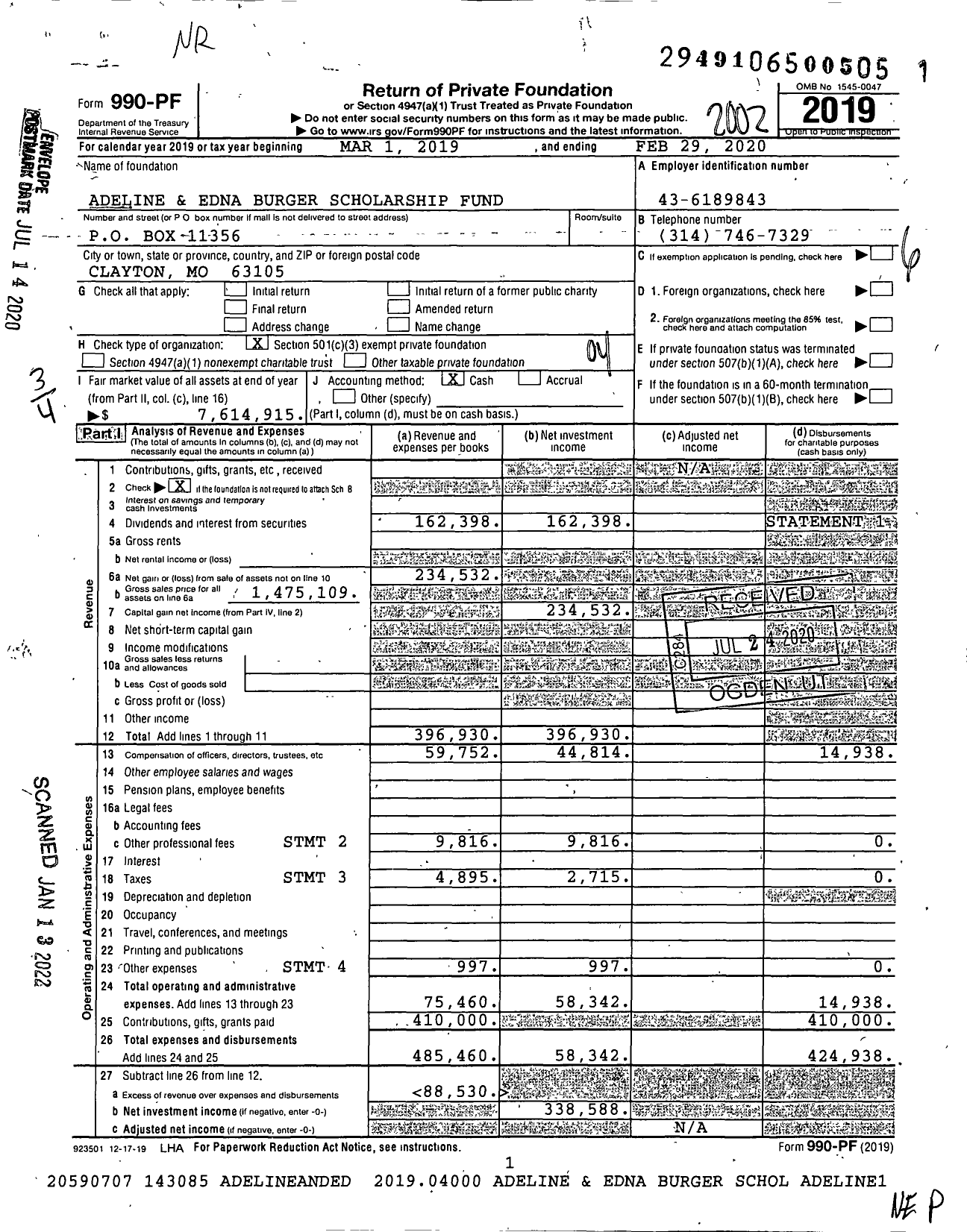 Image of first page of 2019 Form 990PF for Adeline and Edna Burger Scholarship Fund