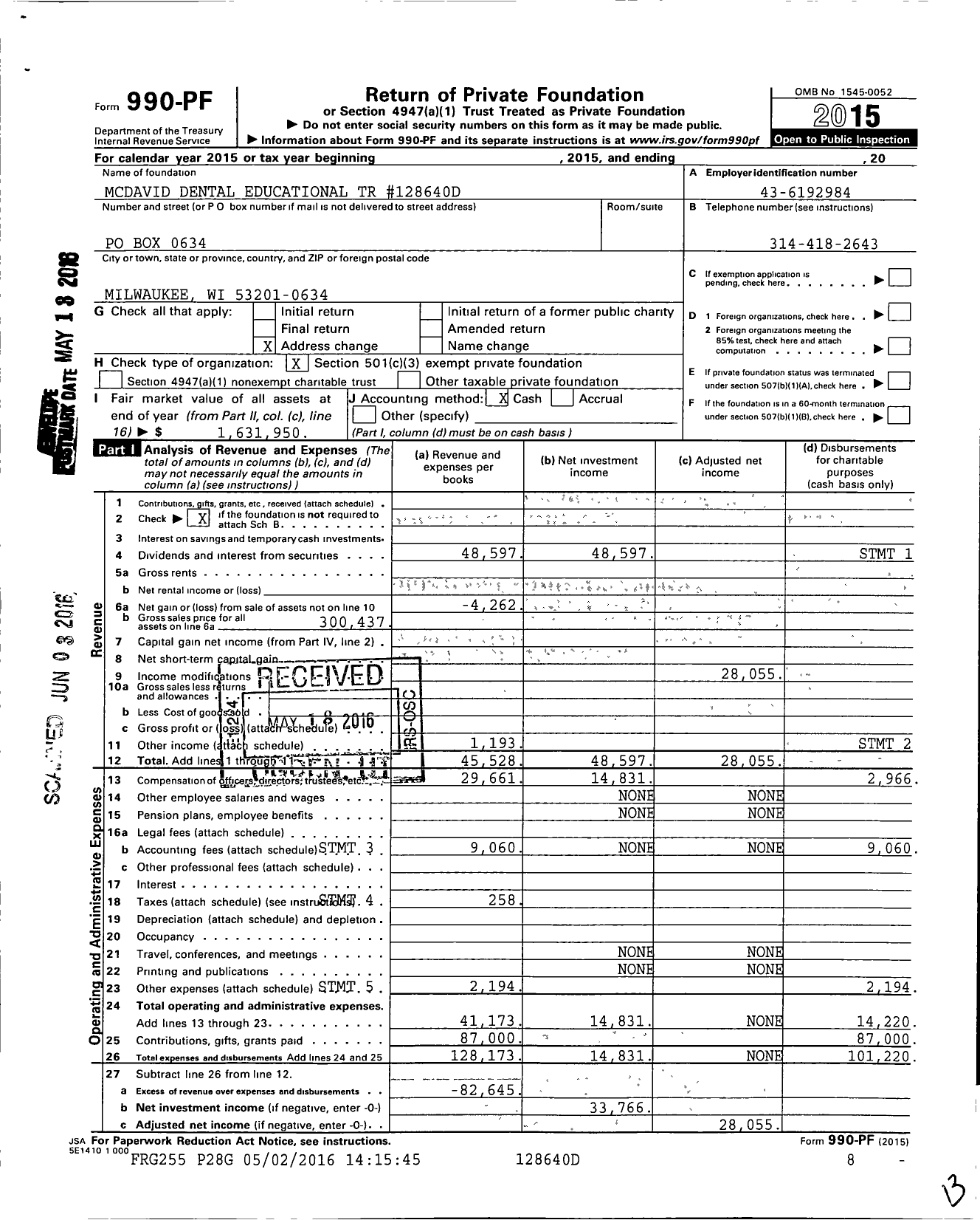 Image of first page of 2015 Form 990PF for Mcdavid Dental Educational Trust