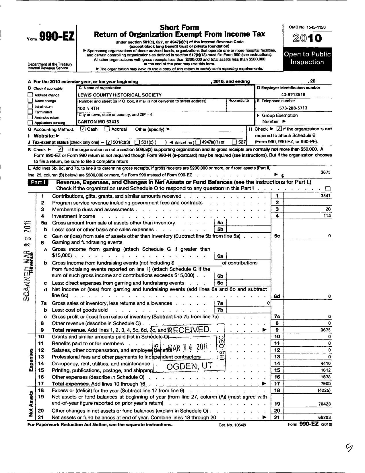 Image of first page of 2010 Form 990EZ for Lewis County Historical Society