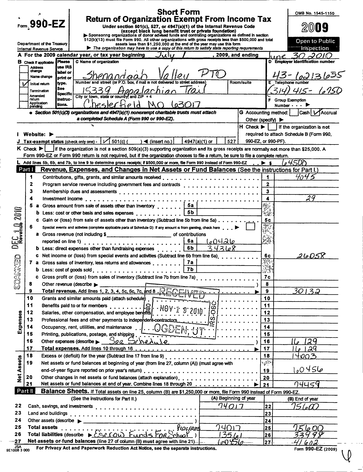 Image of first page of 2009 Form 990EO for Parkway School District Parent Teachers Organization Council / Shenandoah