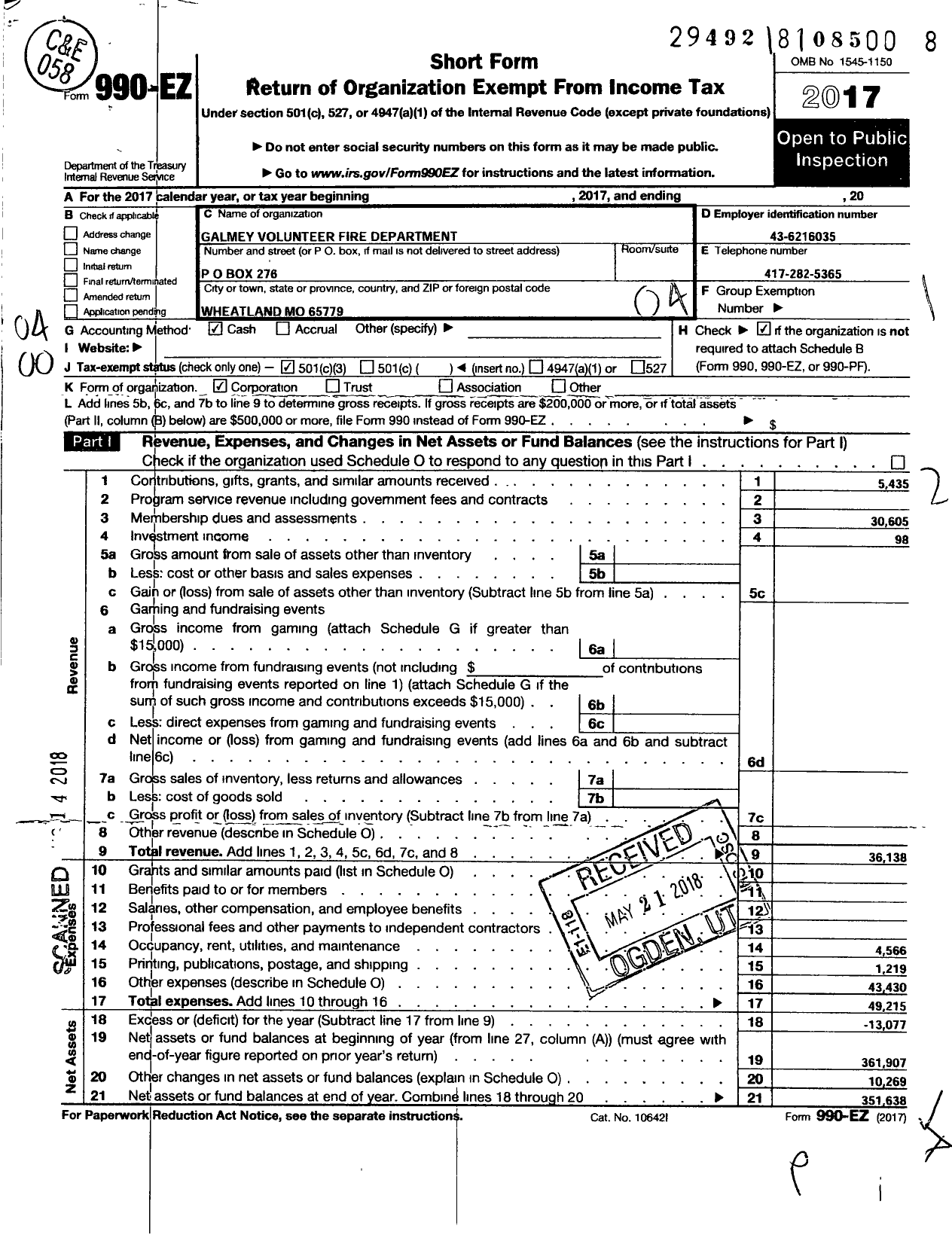 Image of first page of 2017 Form 990EO for Galmey Fire Department