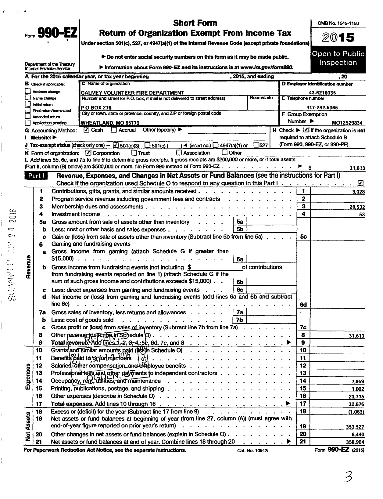 Image of first page of 2015 Form 990EZ for Galmey Fire Department