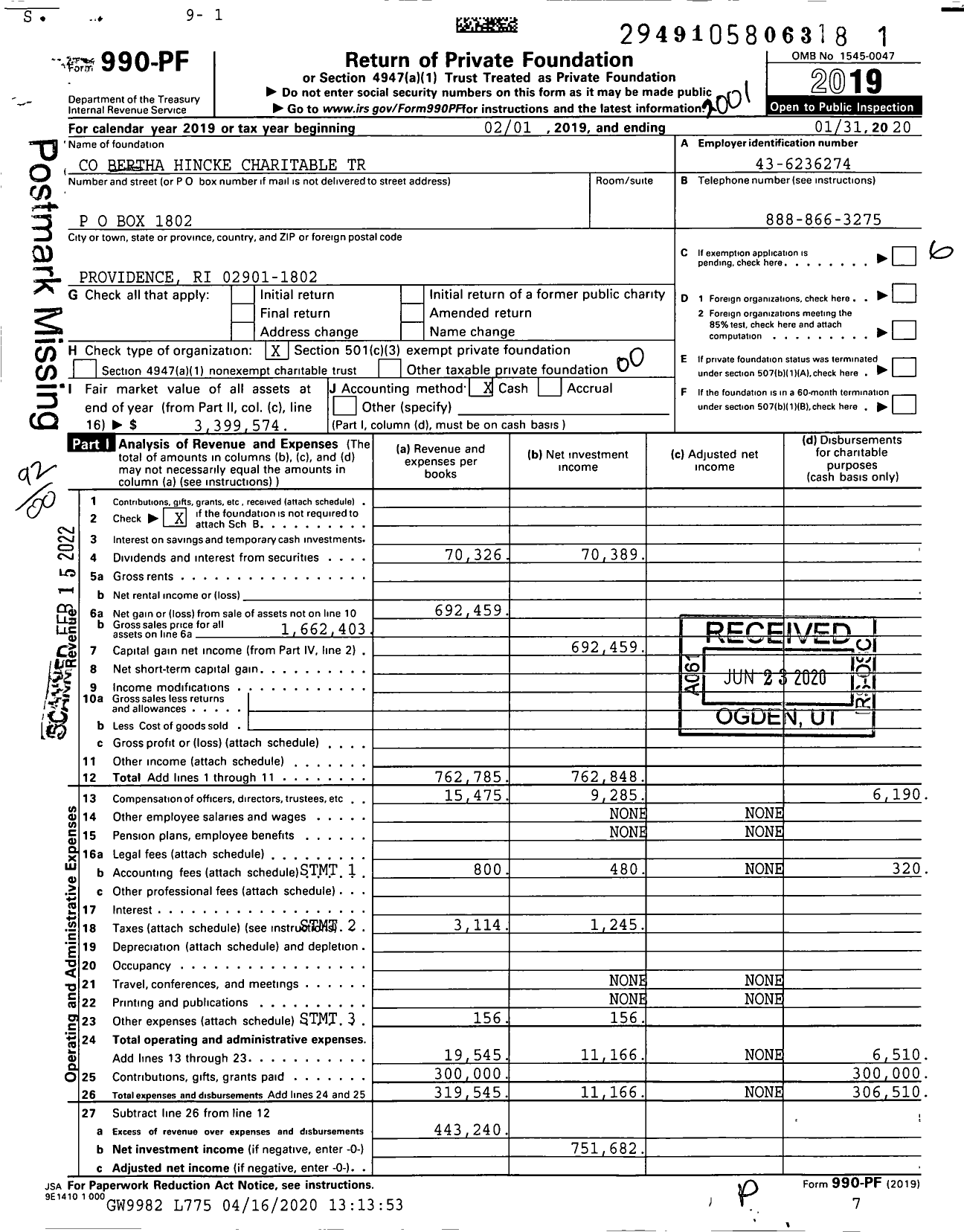 Image of first page of 2019 Form 990PF for Co Bertha Hincke Charitable Trust