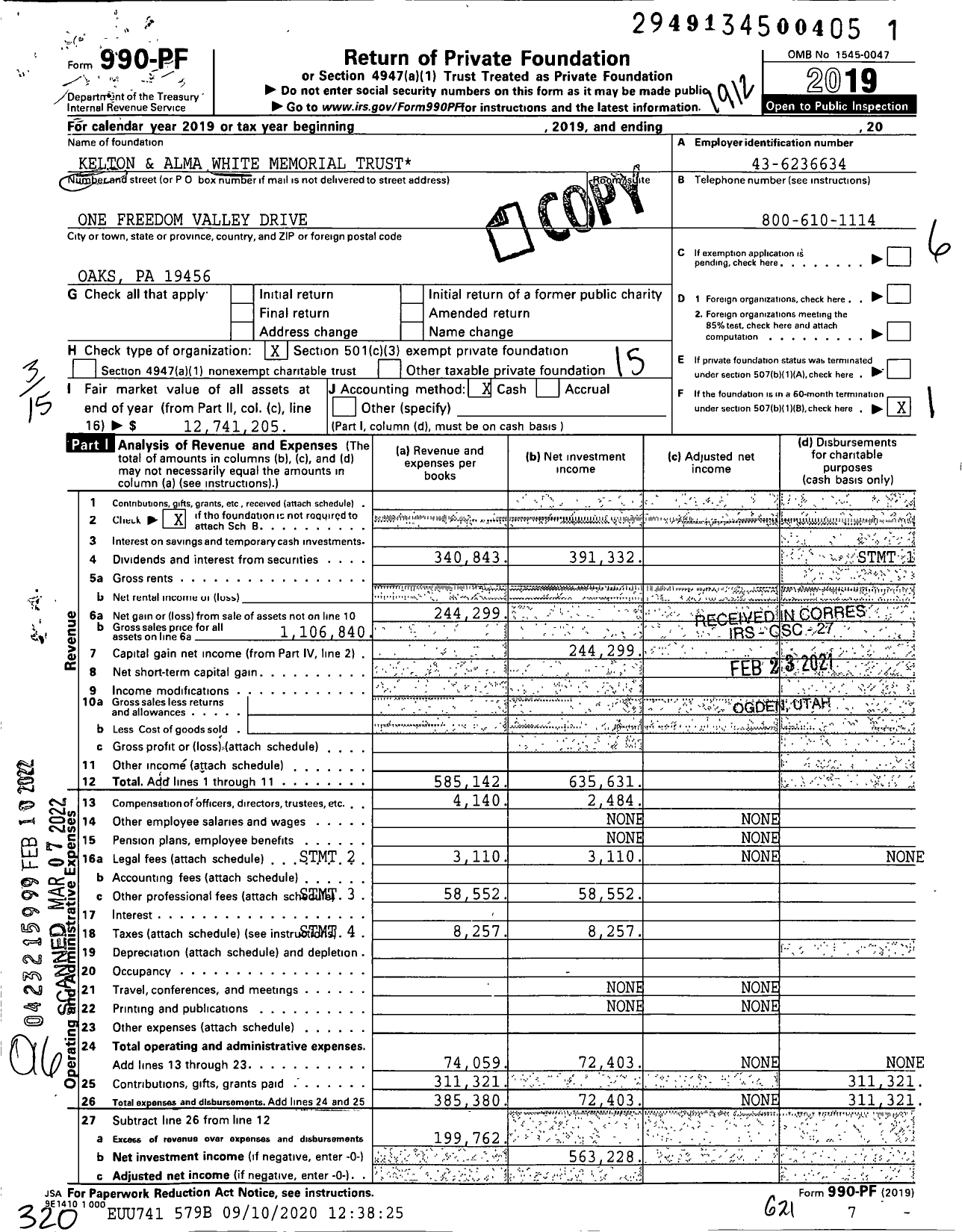 Image of first page of 2019 Form 990PF for Kelton &amp Alma White Memorial Trust