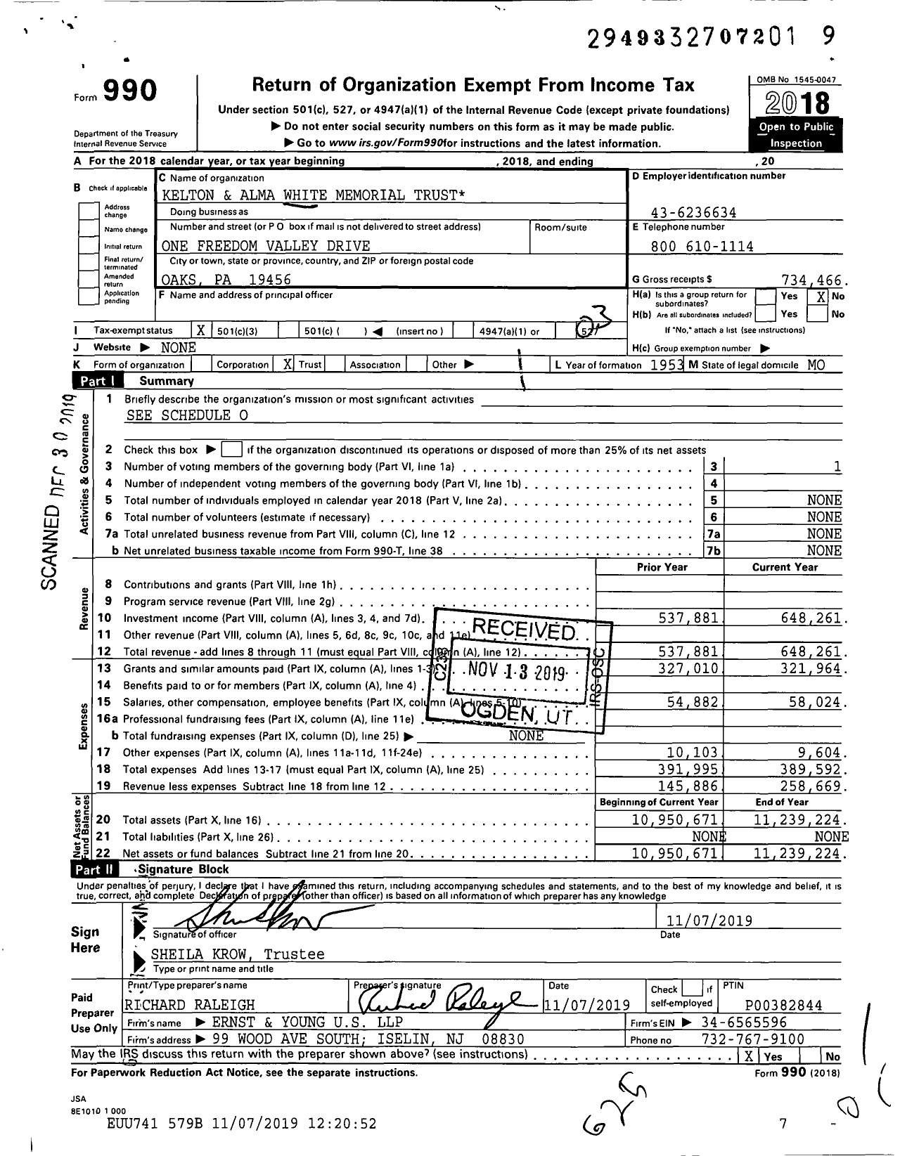 Image of first page of 2018 Form 990 for Kelton &amp Alma White Memorial Trust