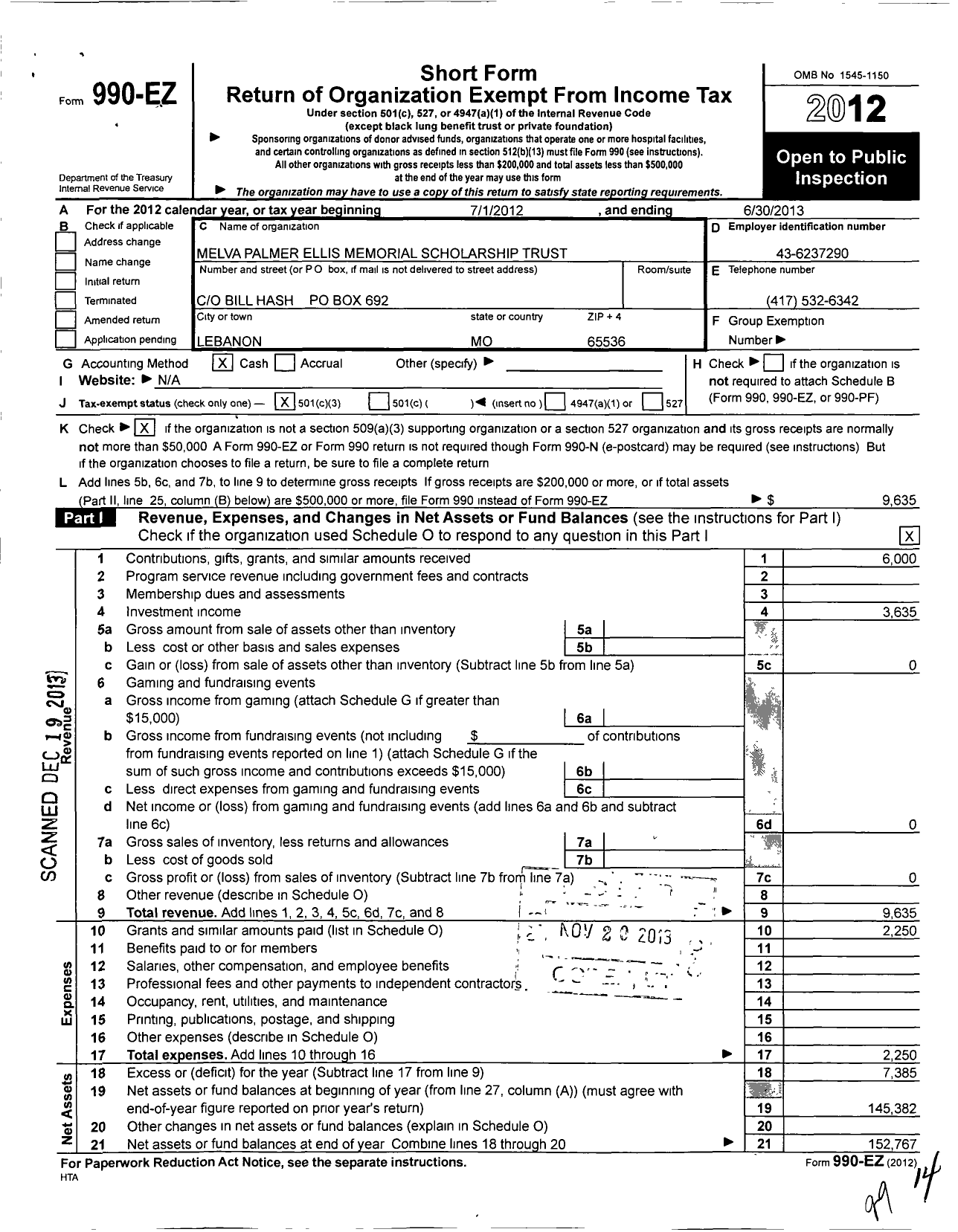 Image of first page of 2012 Form 990EZ for Melva Palmer Ellis Memorial Scholarship Trust