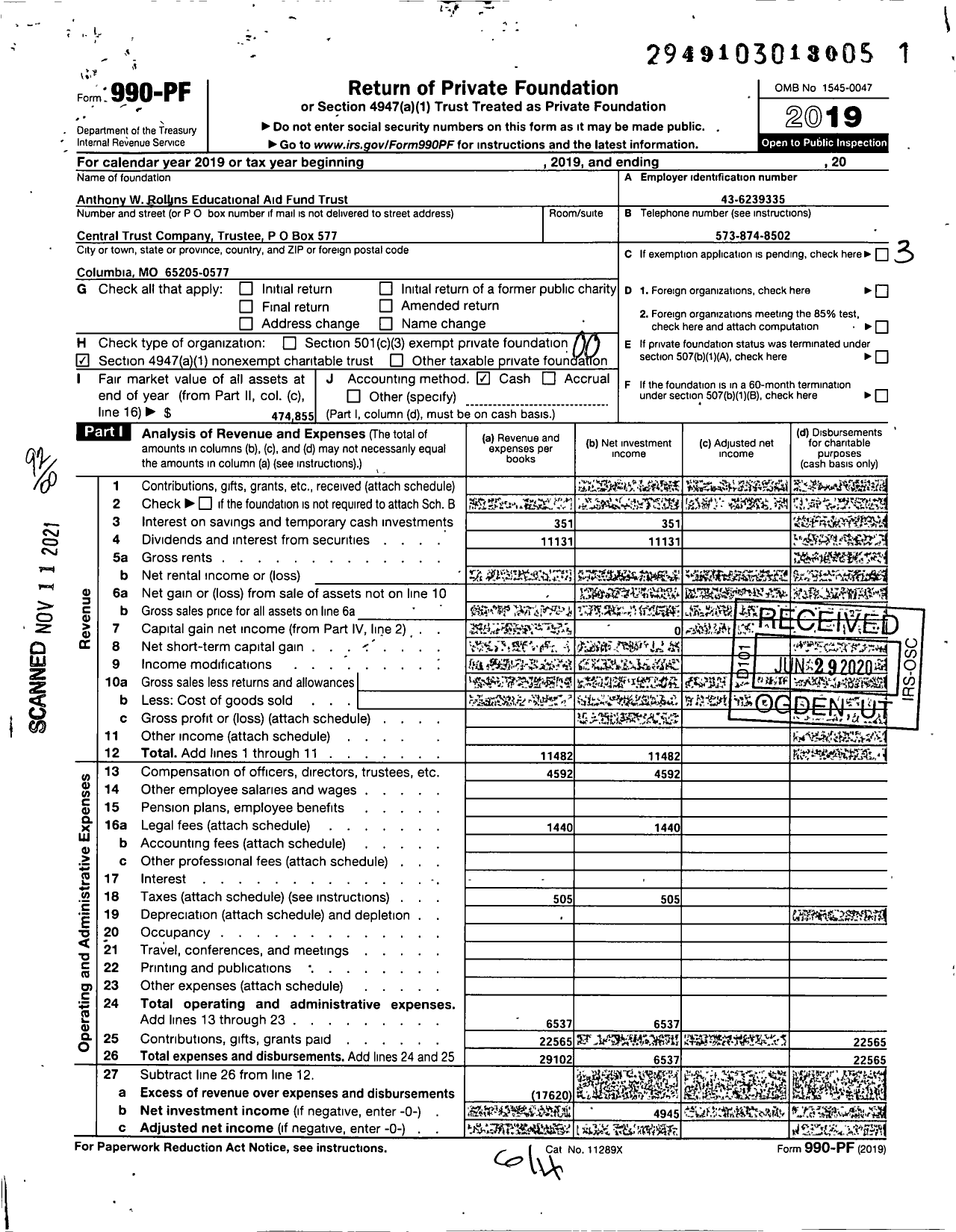 Image of first page of 2019 Form 990PF for Anthony W Rollins Educational Aid Fund Trust