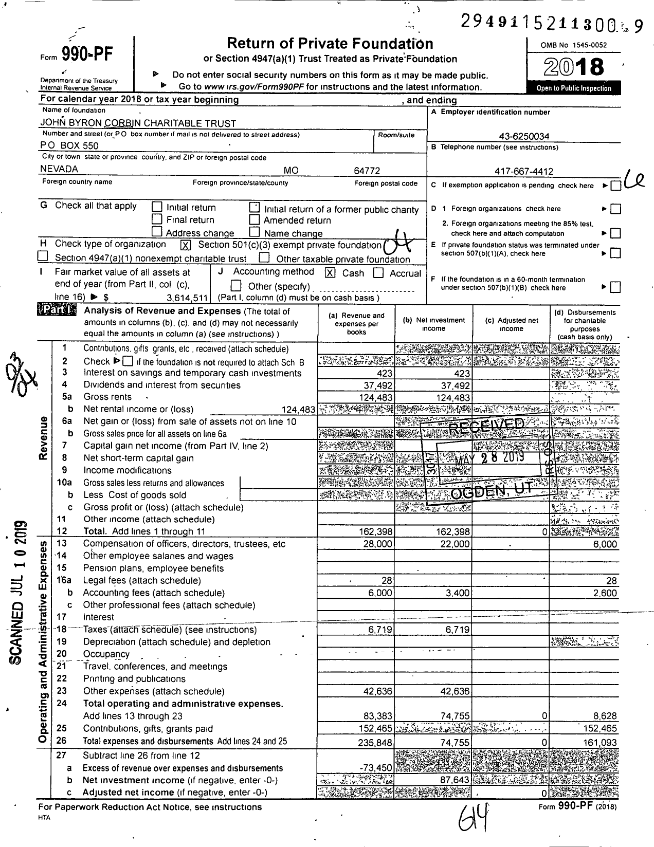 Image of first page of 2018 Form 990PF for John Byron Corbin Charitable Trust