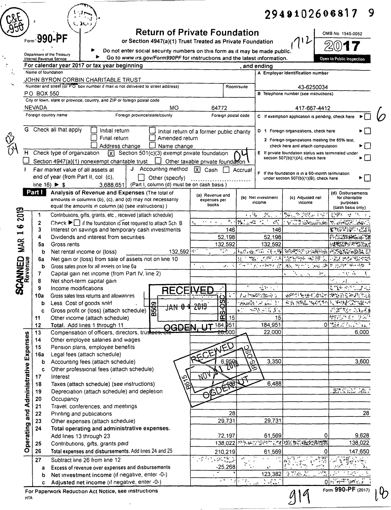 Image of first page of 2017 Form 990PF for John Byron Corbin Charitable Trust