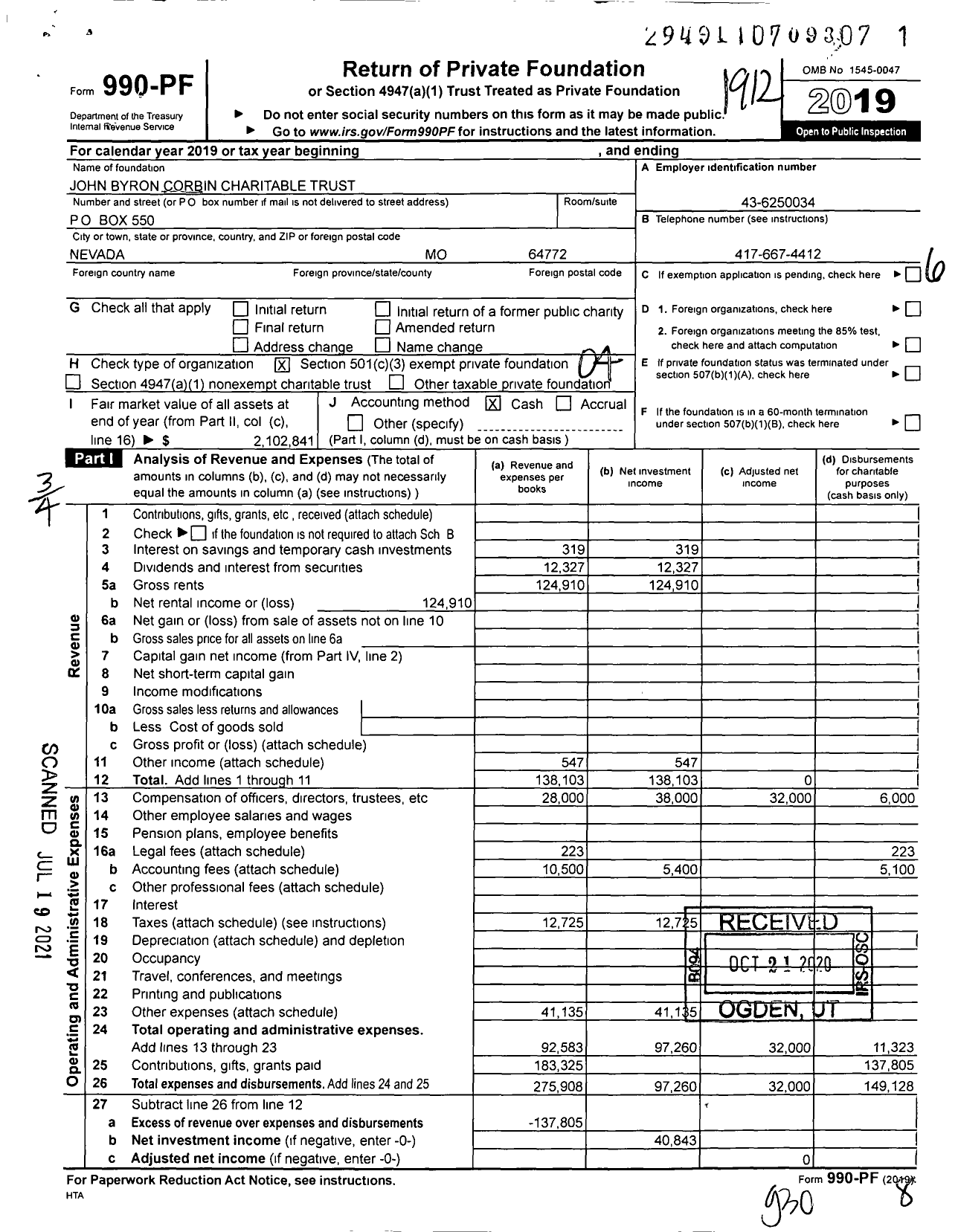 Image of first page of 2019 Form 990PF for John Byron Corbin Charitable Trust