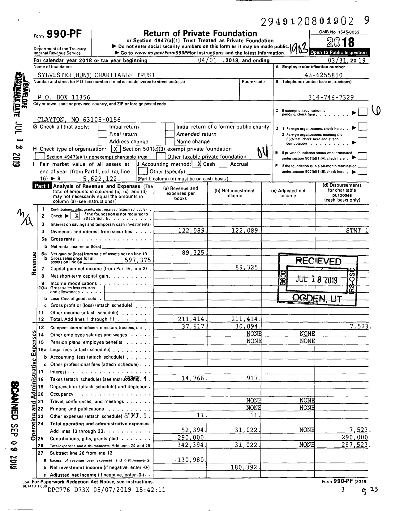 Image of first page of 2018 Form 990PF for Sylvester Hunt Charitable Trust