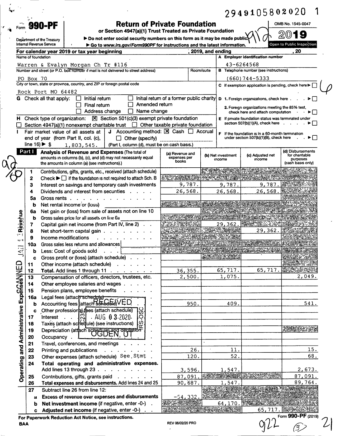 Image of first page of 2019 Form 990PF for Warren & Evalyn Morgan Charitable Trust #116