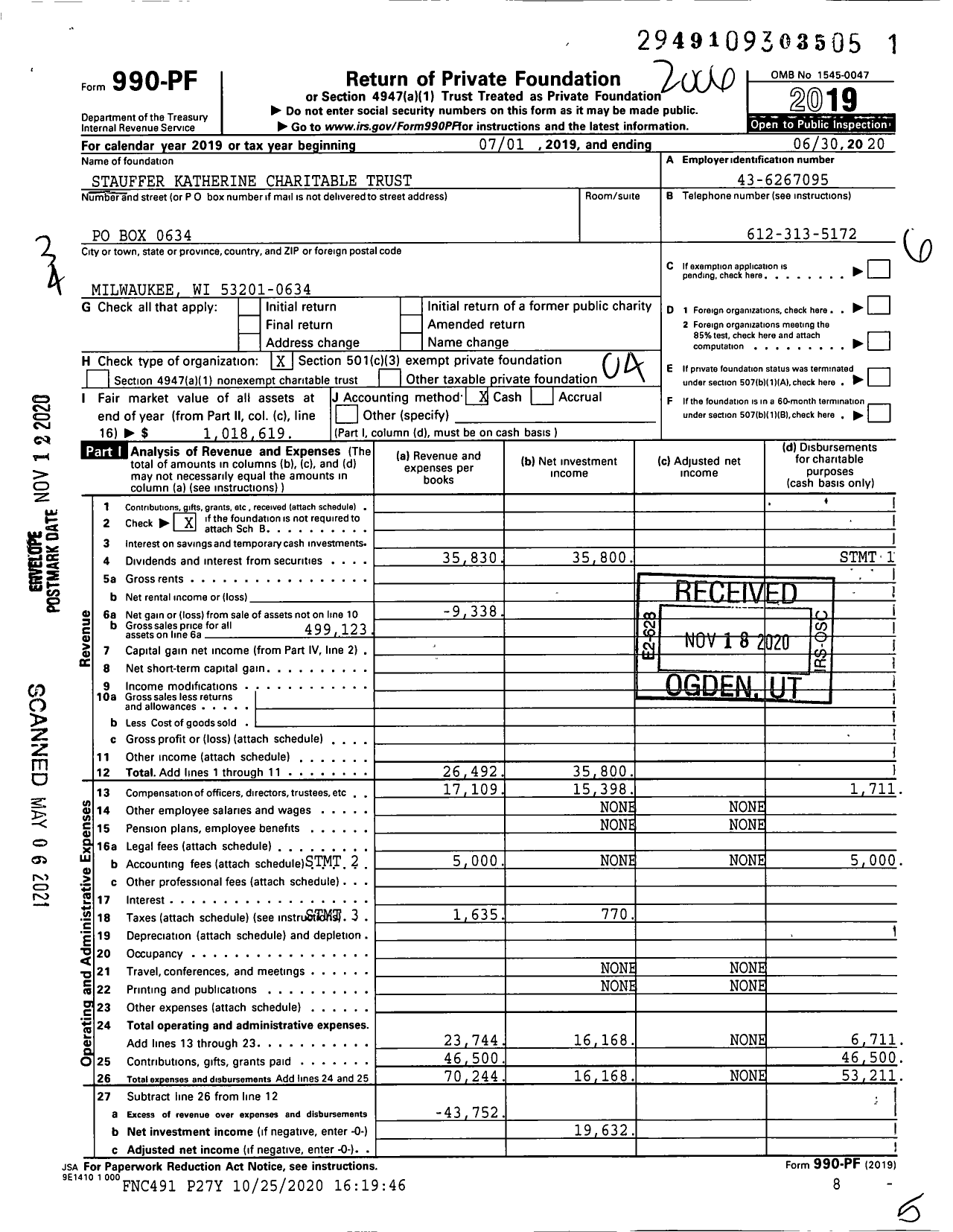 Image of first page of 2019 Form 990PF for Stauffer Katherine Charitable Trust