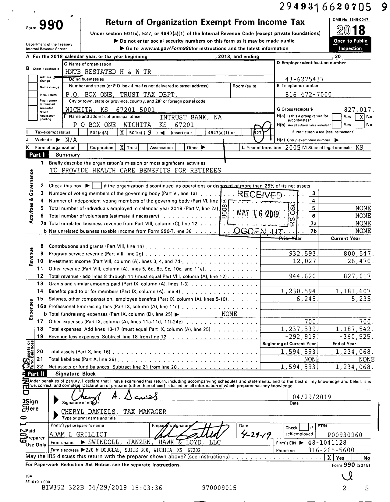 Image of first page of 2018 Form 990O for HNTB Restated H and W Trust