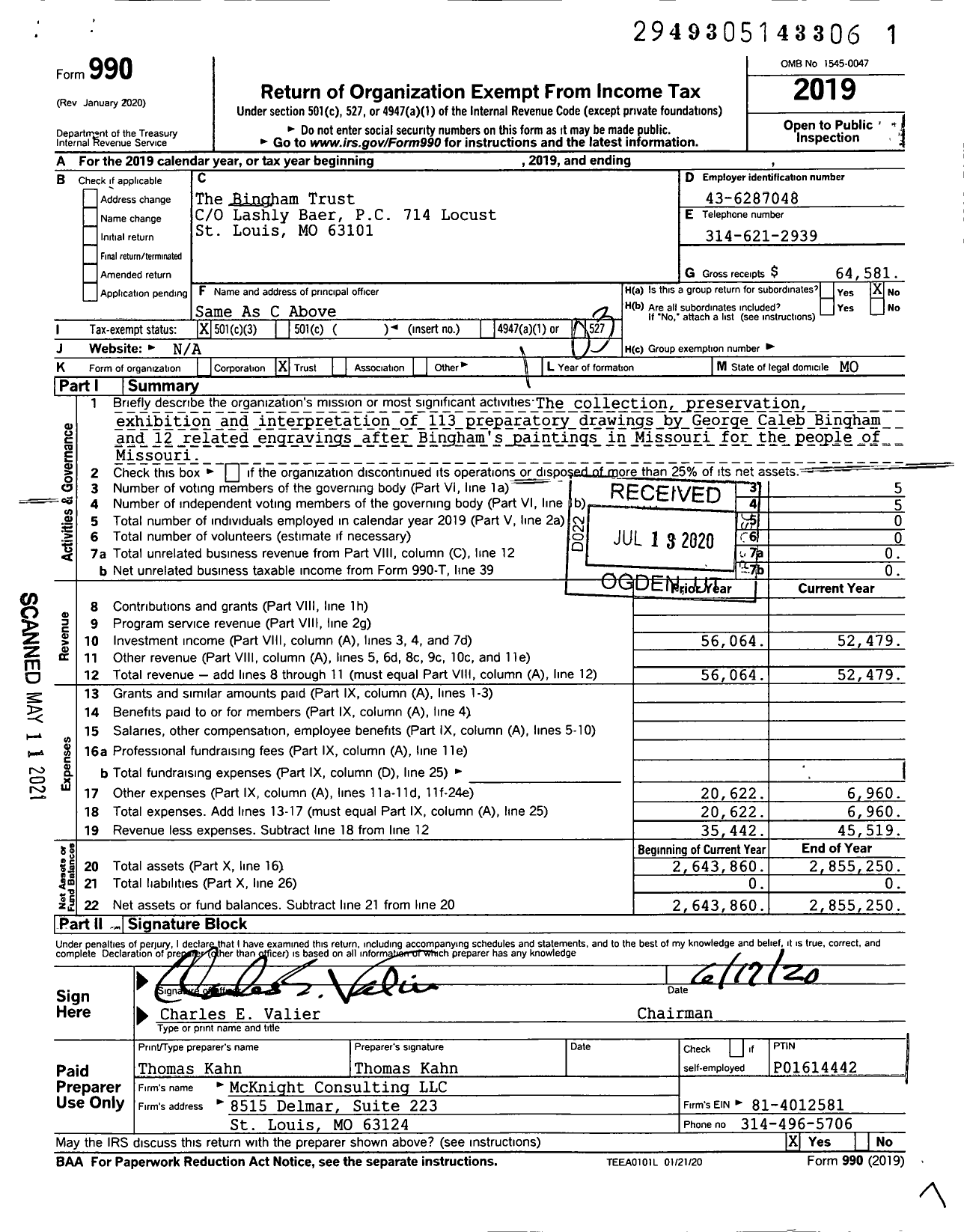 Image of first page of 2019 Form 990 for The Bingham Trust Charles Valier