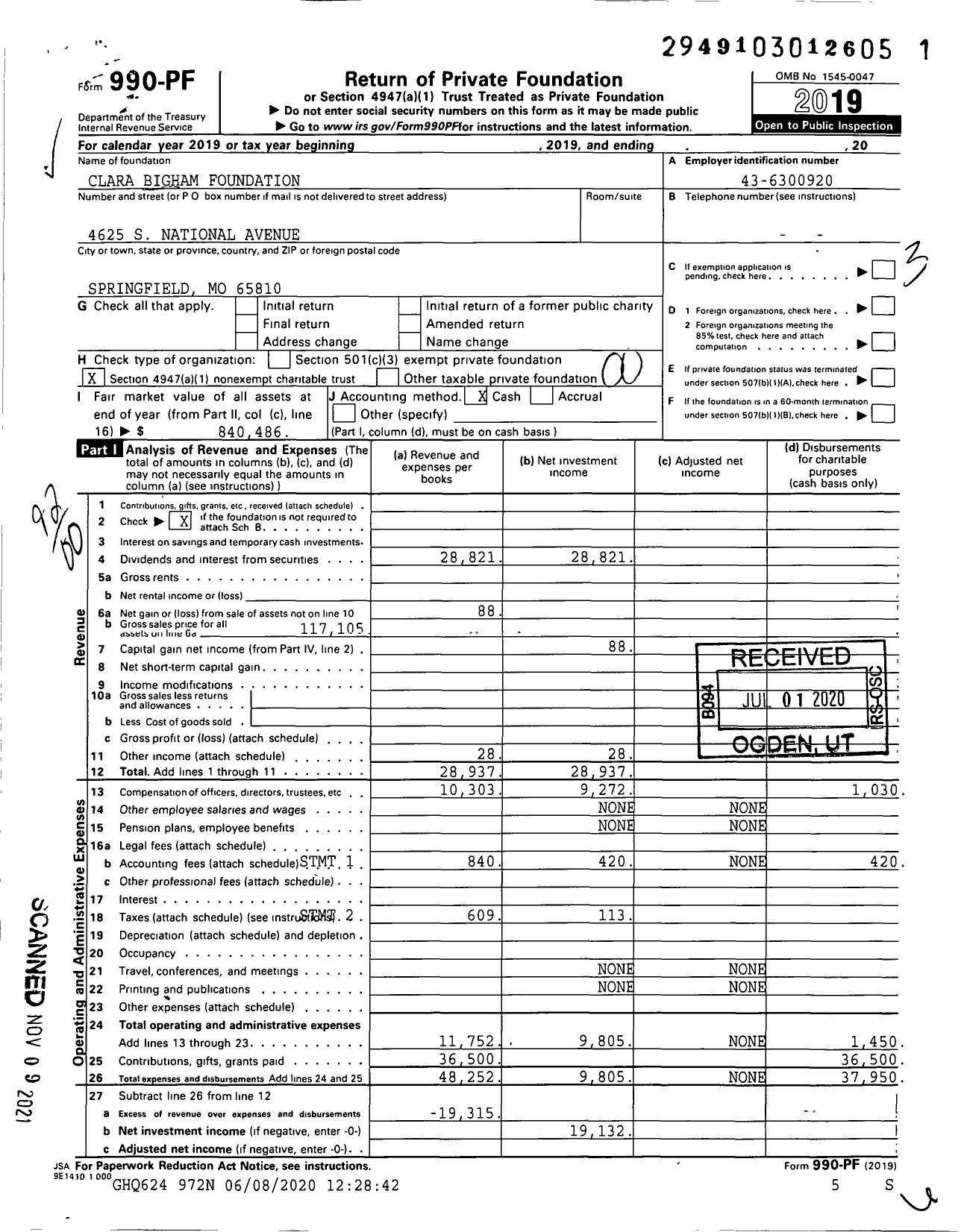 Image of first page of 2019 Form 990PF for Clara Bigham Foundation 30515004389