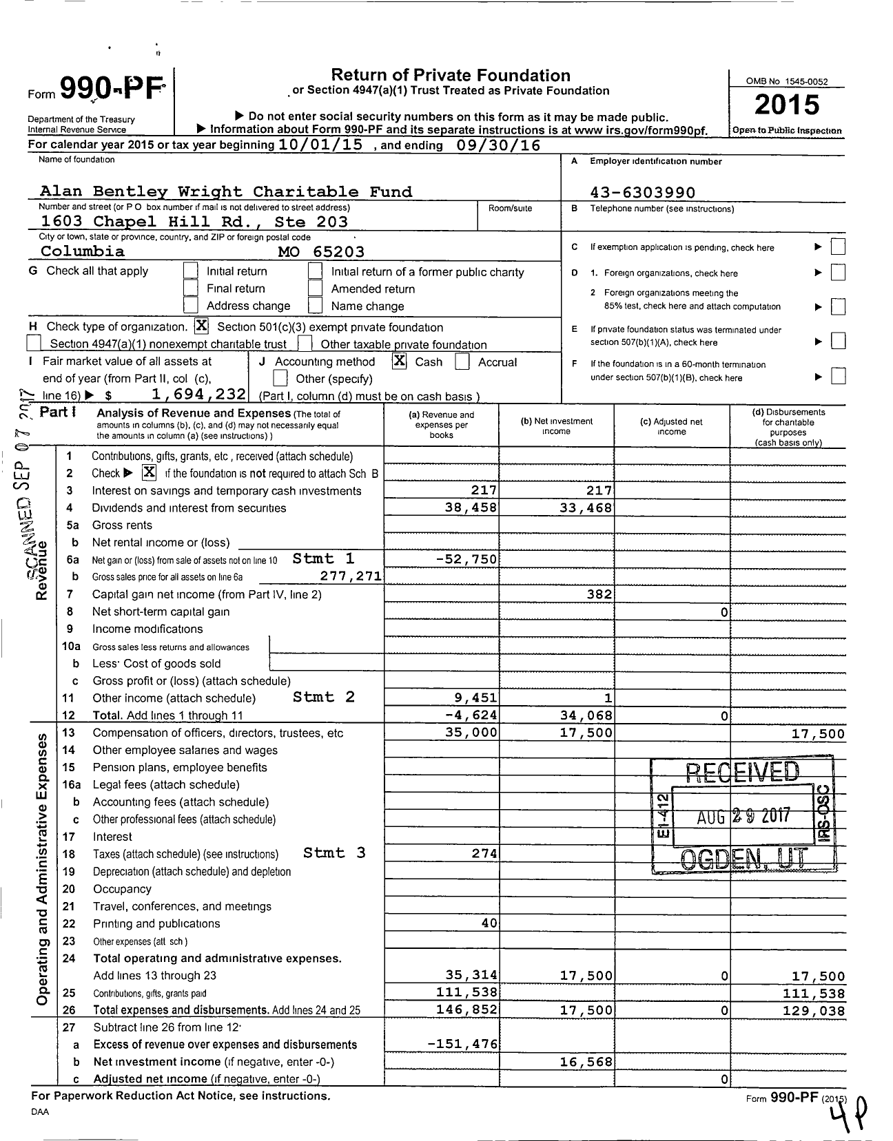 Image of first page of 2015 Form 990PF for Alan Bentley Wright Charitable Fund