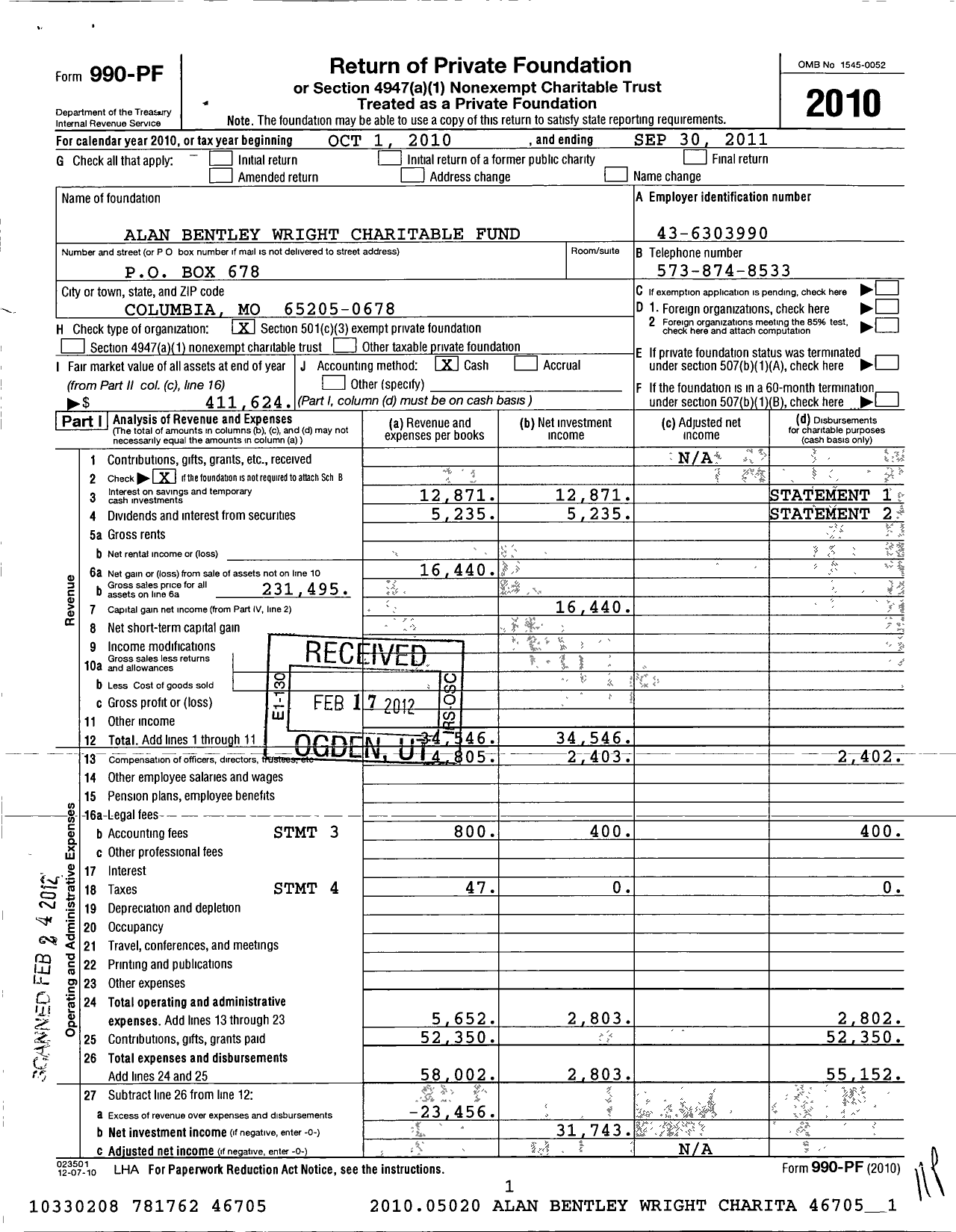 Image of first page of 2010 Form 990PF for Alan Bentley Wright Charitable Fund