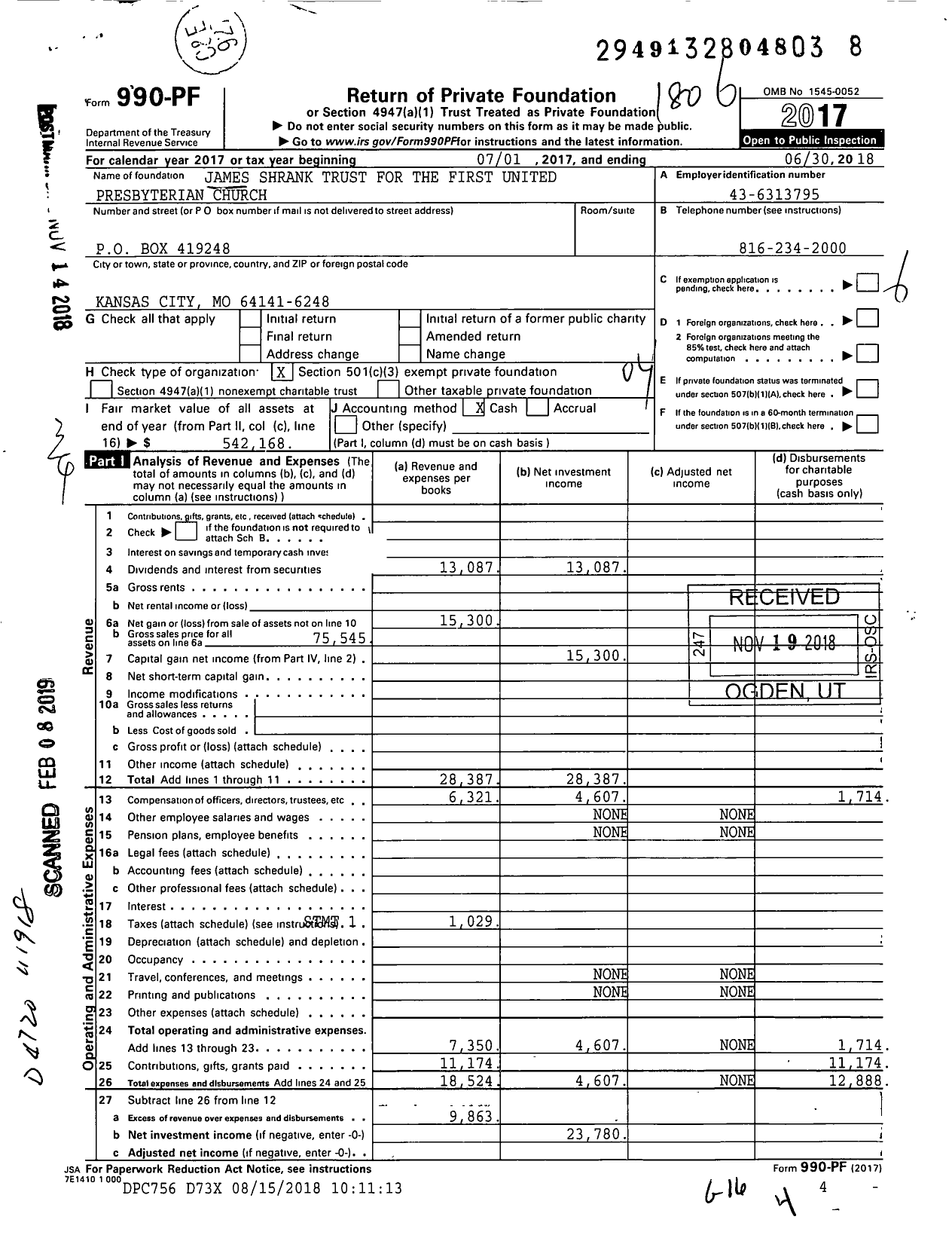 Image of first page of 2017 Form 990PF for James Shrank Trust for the First United