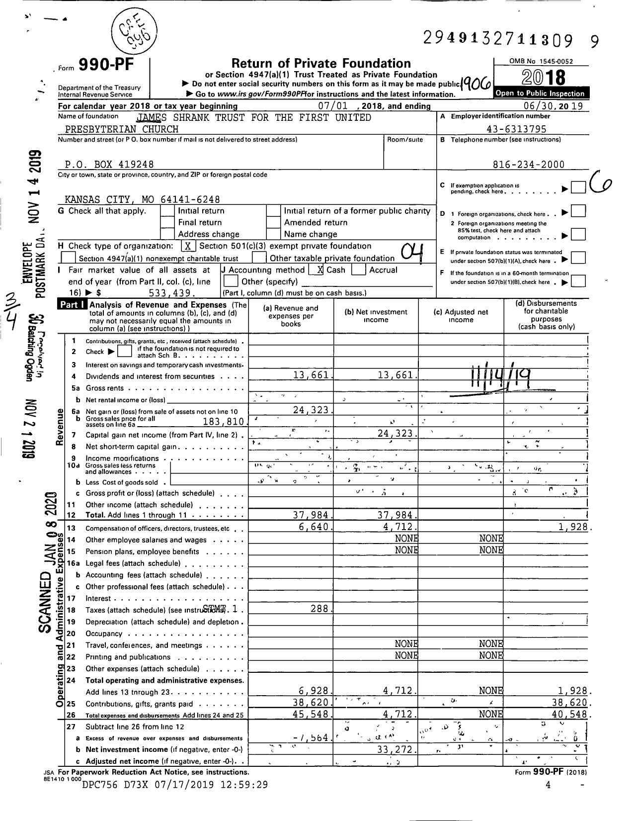 Image of first page of 2018 Form 990PF for James Shrank Trust for the First United