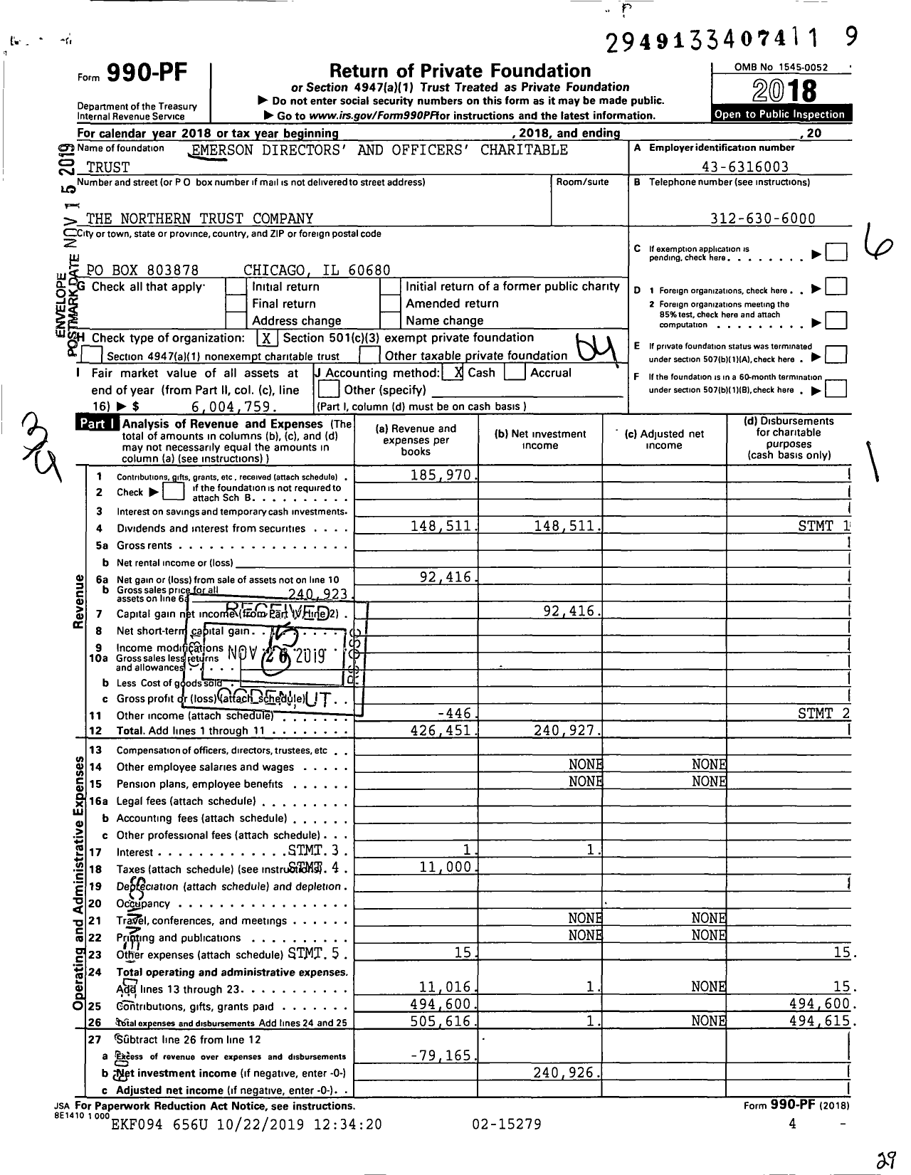 Image of first page of 2018 Form 990PF for Emerson Directorsofficers' Charitable