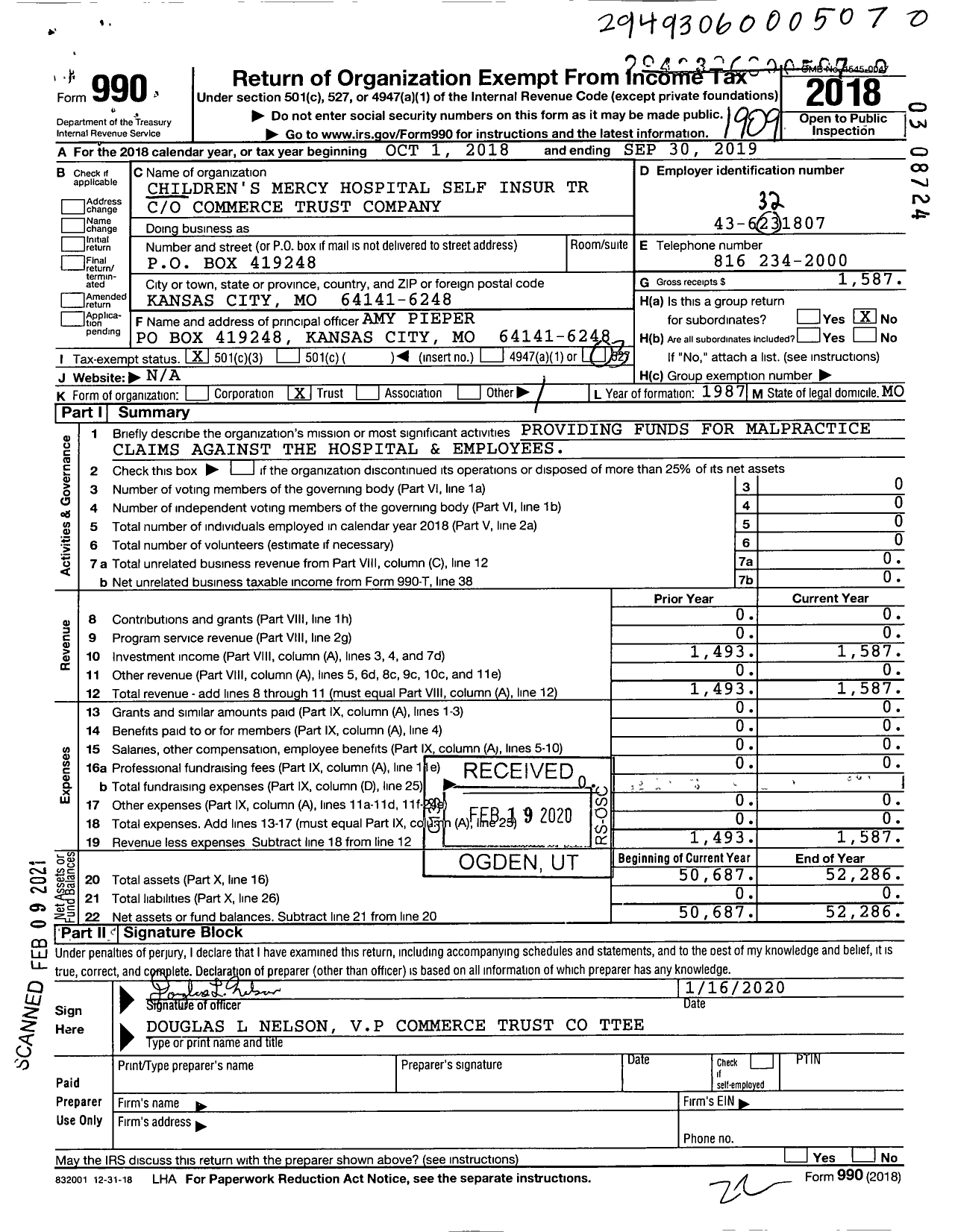 Image of first page of 2018 Form 990 for Children's Mercy Hospital Self Insur Trust