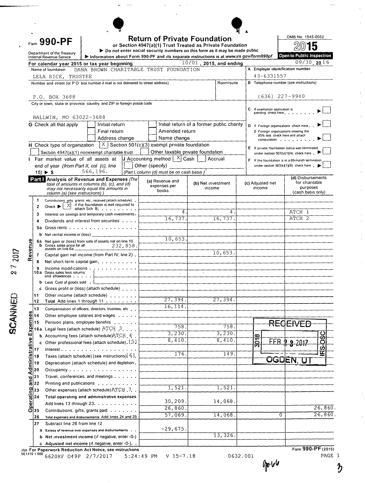 Image of first page of 2015 Form 990PF for Dana Brown Charitable Trust Foundation