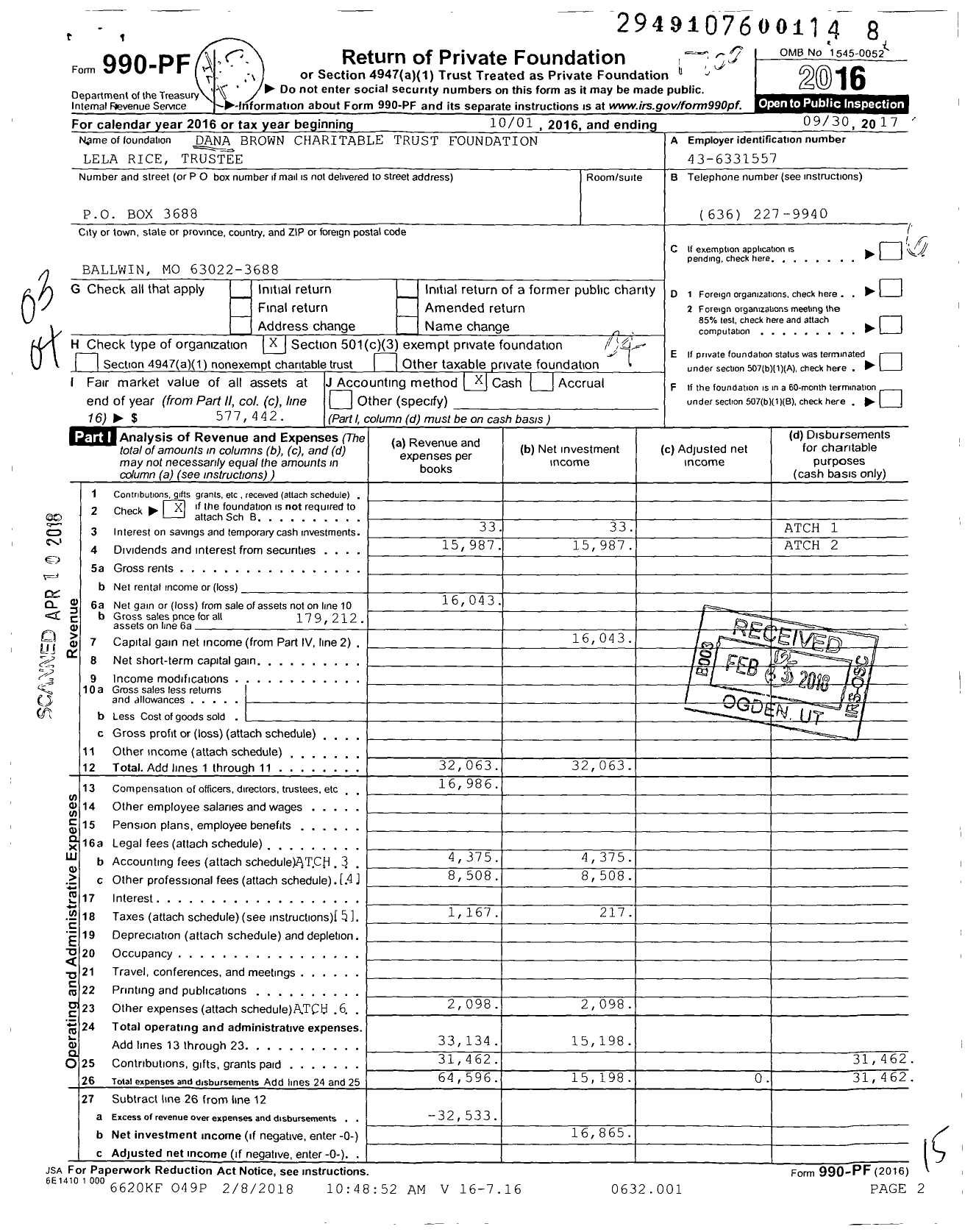 Image of first page of 2016 Form 990PF for Dana Brown Charitable Trust Foundation