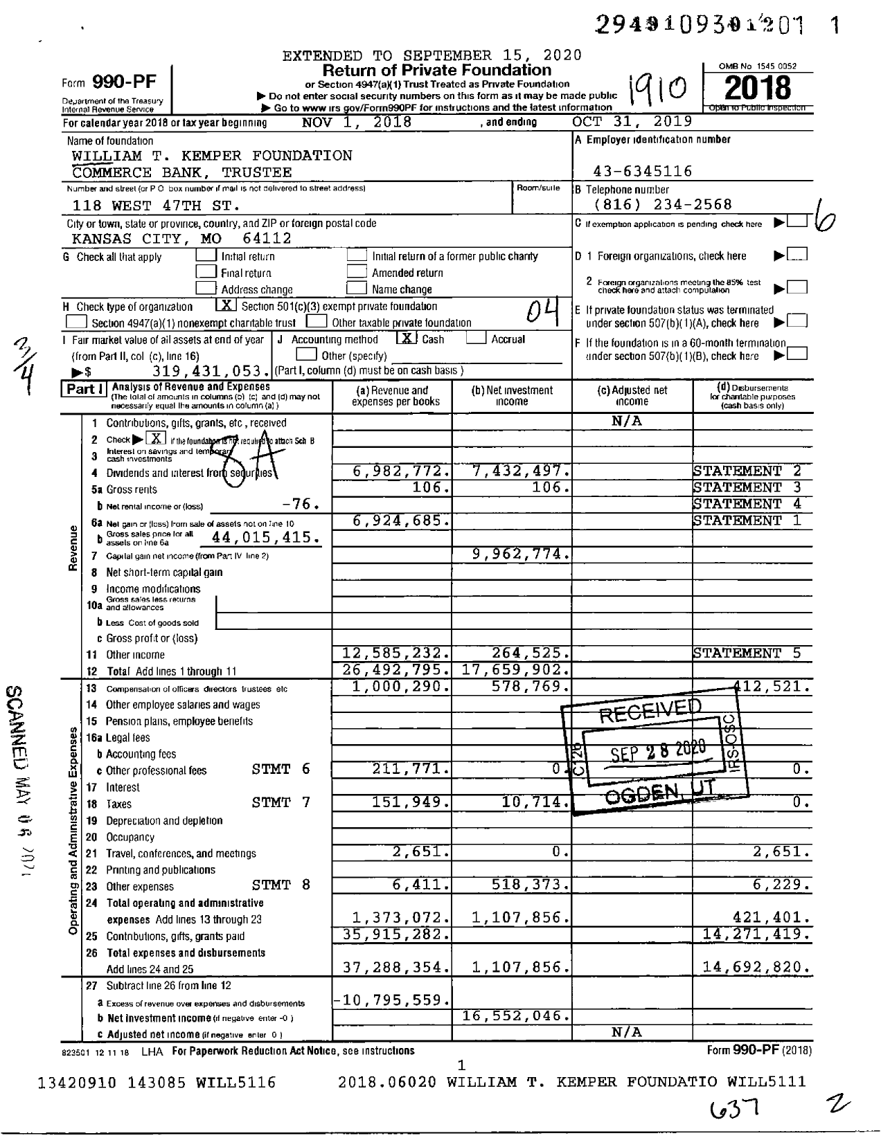 Image of first page of 2018 Form 990PF for William T Kemper Foundation Commerce Bank Trustee