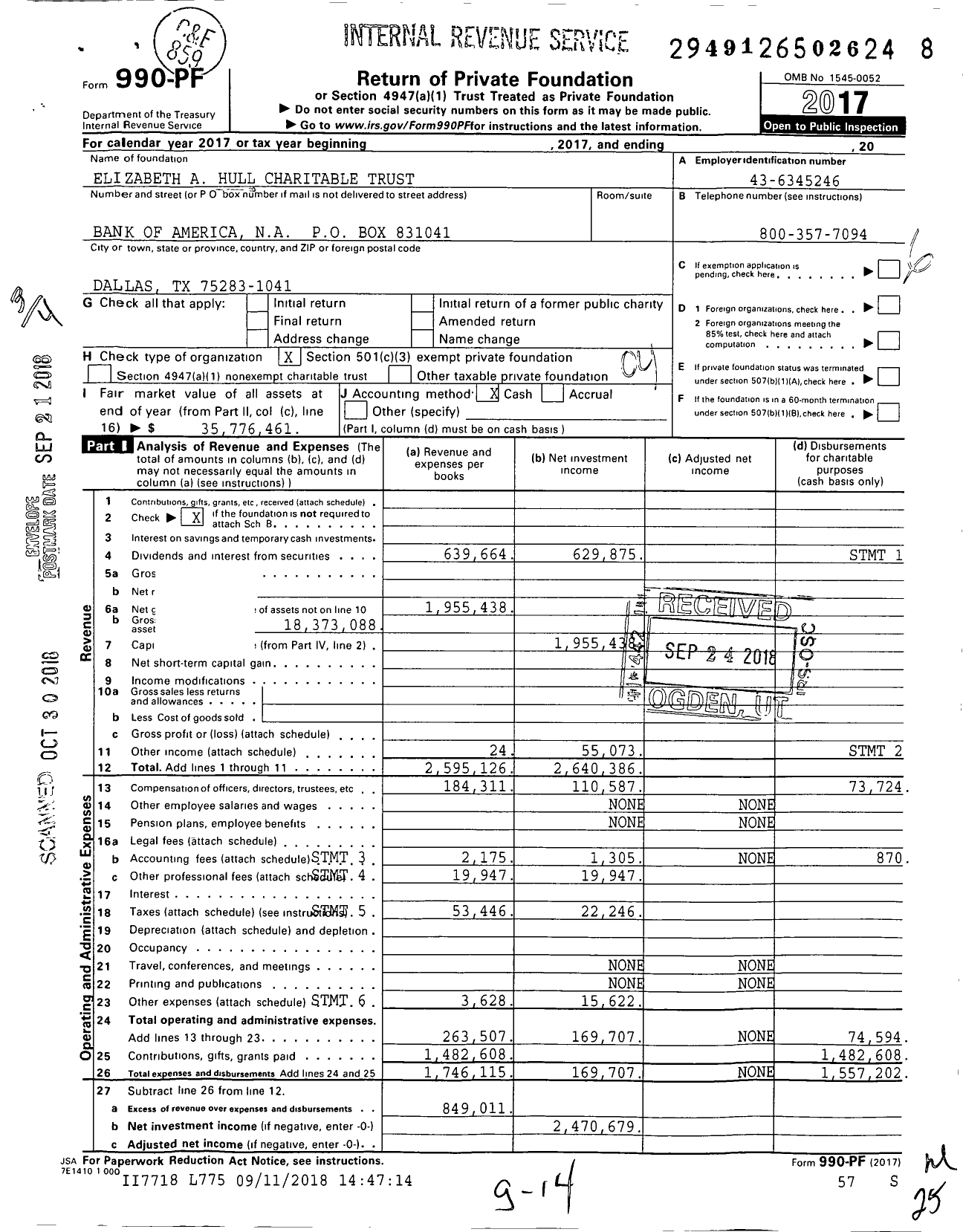 Image of first page of 2017 Form 990PF for Elizabeth A Hull Charitable Trust